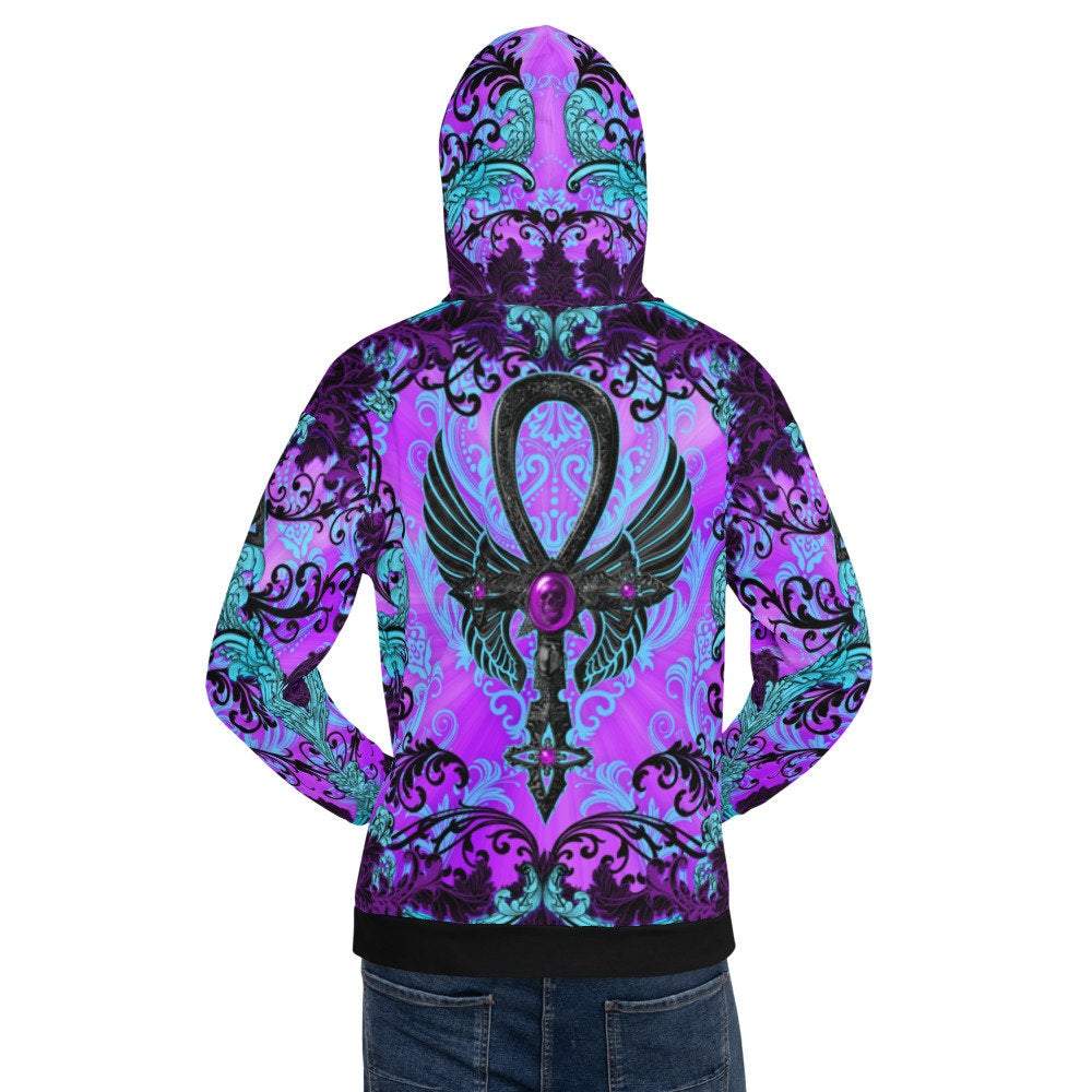 Pastel Goth Hoodie, Rave Streetwear, Gothic Sweater, Alternative Clothing, Unisex - Ankh Cross, Purple and Black - Abysm Internal