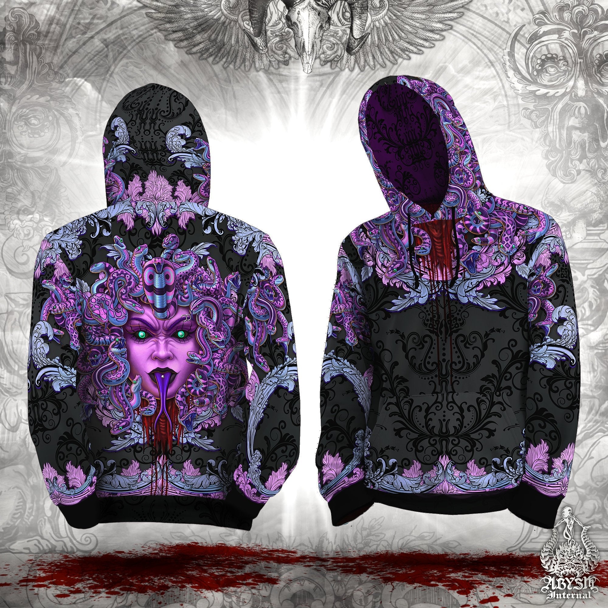 Pastel Goth Hoodie, Trippy Streetwear, Skater and Rave Outfit, Alternative Clothing, Unisex - Medusa, Black and Purple - Abysm Internal