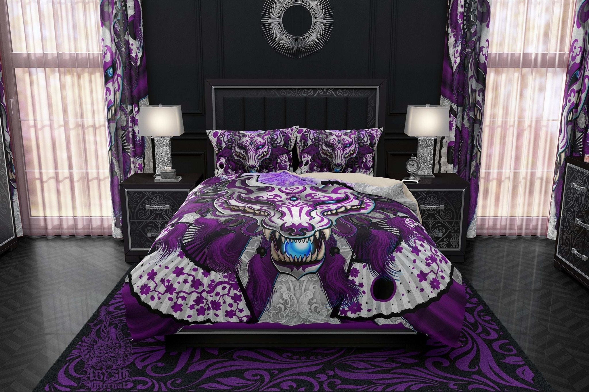 Pastel Goth Kitsune Mask Bedding Set, Comforter and Duvet, Fox Okami, Anime Bed Cover and Bedroom Decor, King, Queen and Twin Size - White, Purple - Abysm Internal