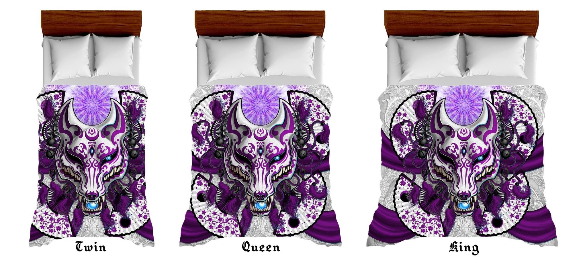 Pastel Goth Kitsune Mask Bedding Set, Comforter and Duvet, Fox Okami, Anime Bed Cover and Bedroom Decor, King, Queen and Twin Size - White, Purple - Abysm Internal
