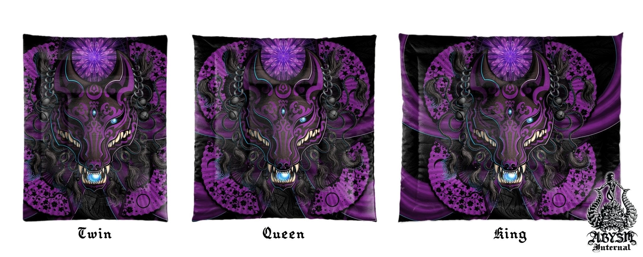 Pastel Goth Kitsune Mask Bedding Set, Comforter and Duvet, Okami, Anime Bed Cover and Bedroom Decor, Japanese Fox, King, Queen and Twin Size - Black, Purple - Abysm Internal