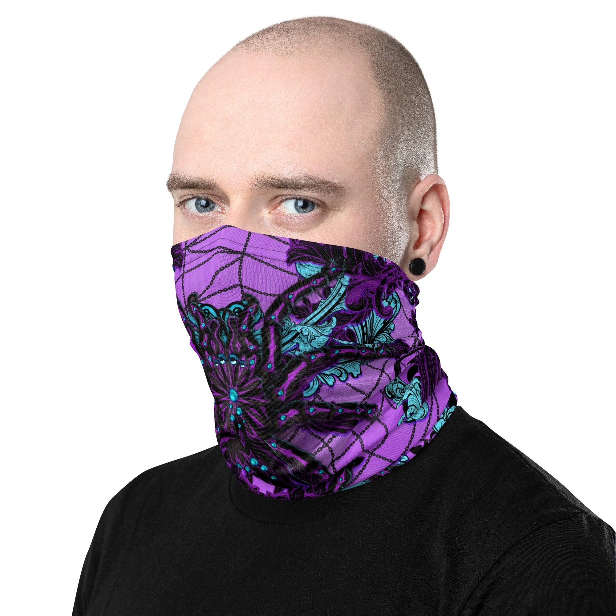 Pastel Goth Neck Gaiter, Face Mask, Head Covering, Gothic Outfit, Tarantula Lover Gift - Spider, Black and Purple - Abysm Internal