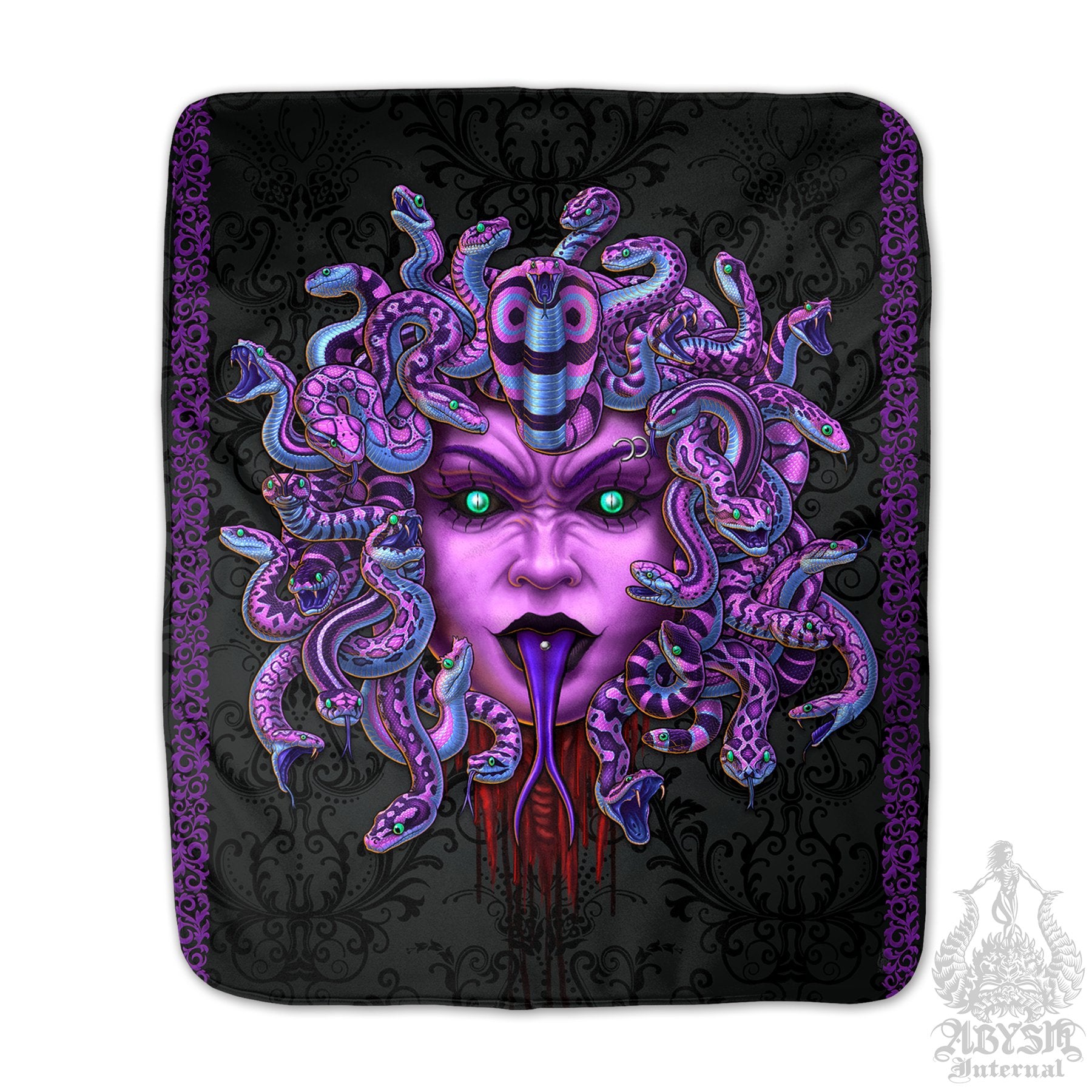 Pastel Goth Sherpa Fleece Throw Blanket, Gothic Home Decor, Alternative Skull Art Gift, Whimsigoth Style - Medusa, Purple Snakes - Abysm Internal