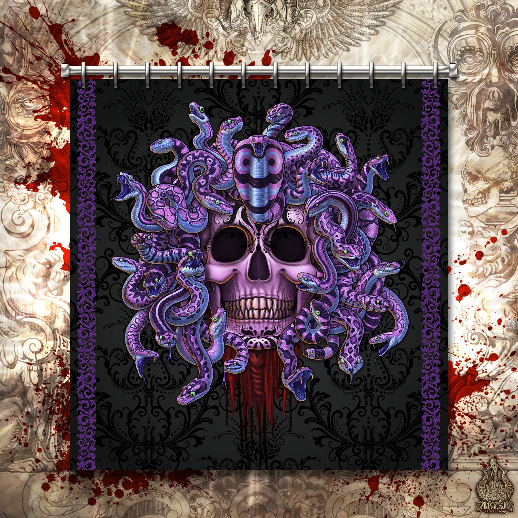 Pastel Goth Shower Curtain, 71x74 inches, Medusa Skull, Black and Purple Bathroom Decor, Whimsigoth Style - 2 Faces - Abysm Internal