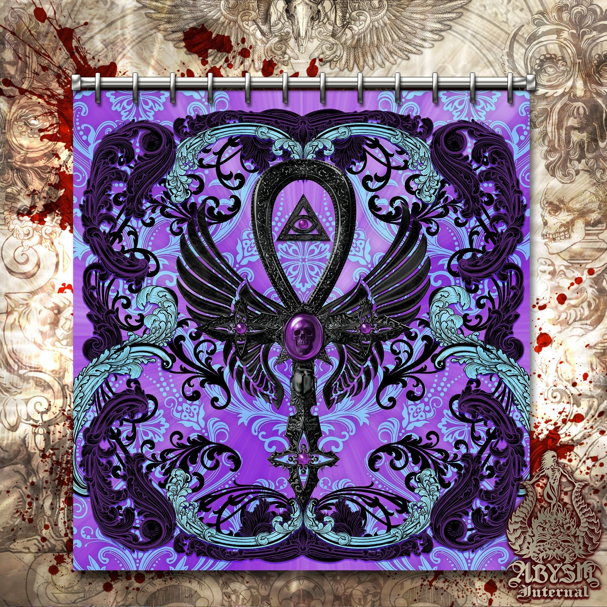 Pastel Goth Shower Curtain, Dark Ankh, Gothic Bathroom Decor, Occult - Black and Purple - Abysm Internal