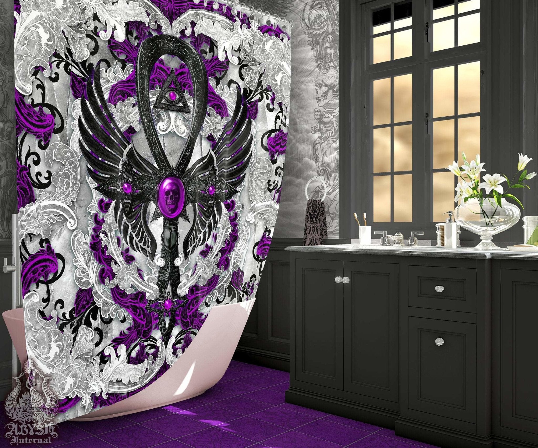Pastel Goth Shower Curtain, Dark Ankh, Gothic Bathroom Decor, Occult - White - Abysm Internal