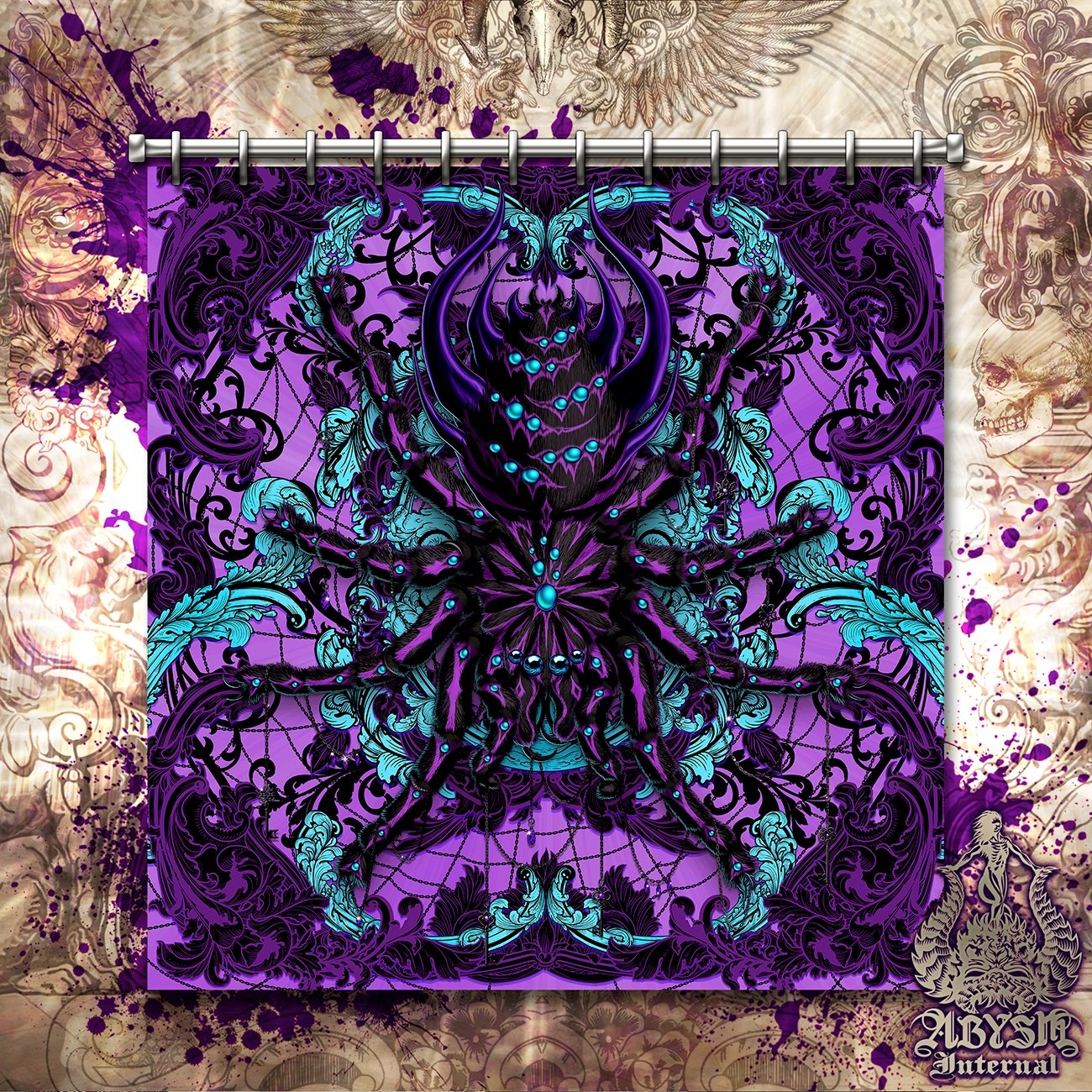 Pastel Goth Shower Curtain, Gothic Bathroom Decor, Alternative Home - Spider Black and Purple, Tarantula Art - Abysm Internal