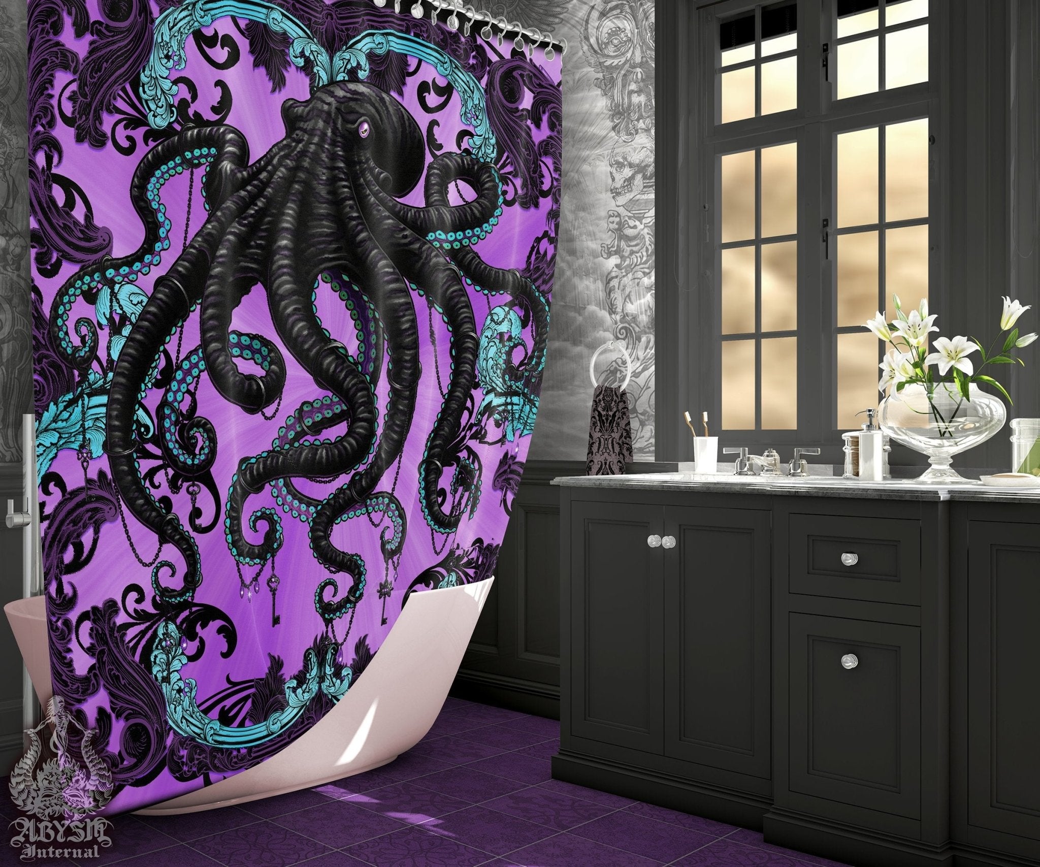 Pastel Goth Shower Curtain, Gothic Bathroom Decor - Black Octopus - Abysm Internal
