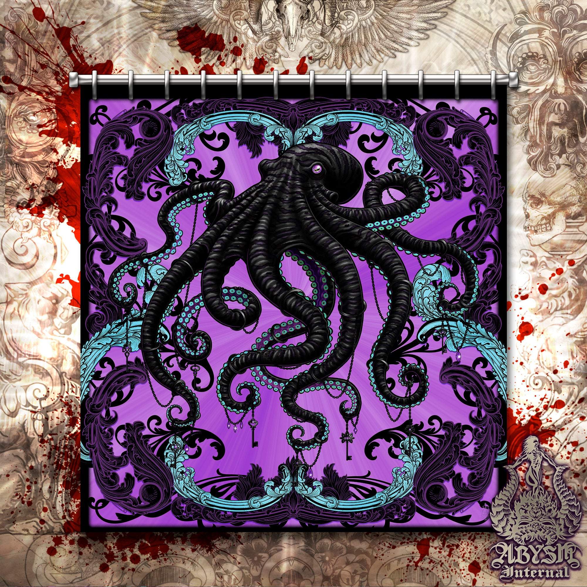 Pastel Goth Shower Curtain, Gothic Bathroom Decor - Black Octopus - Abysm Internal