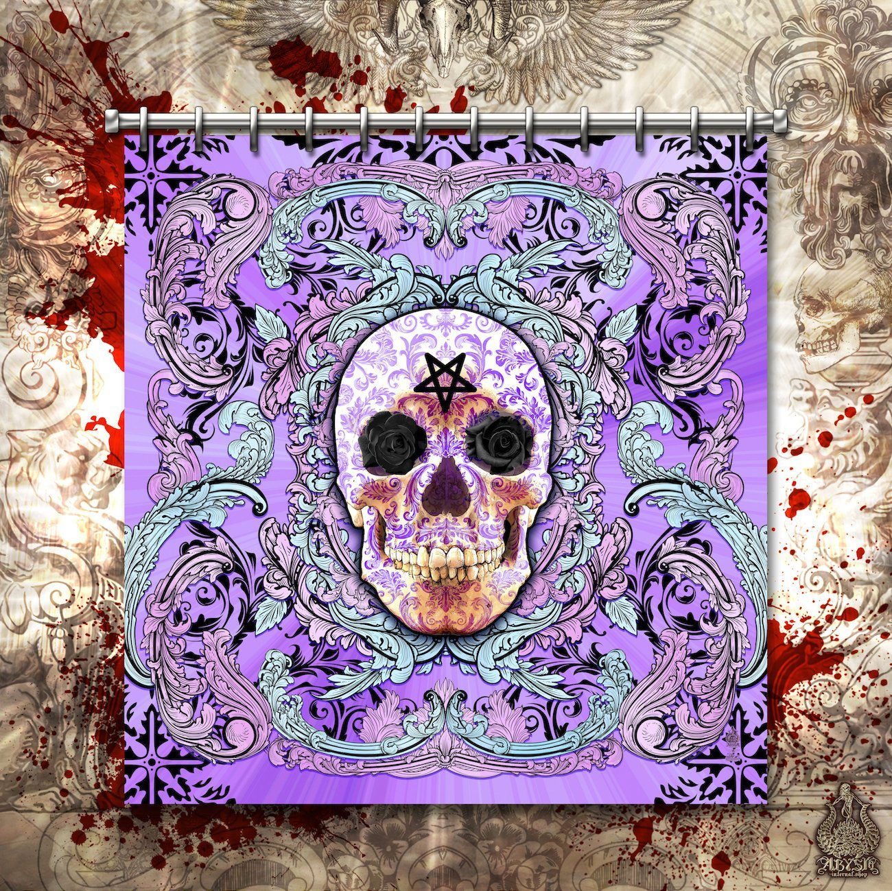 Pastel Goth Shower Curtain, Gothic Bathroom Decor, Skull, Macabre Art - Purple & Black - Abysm Internal