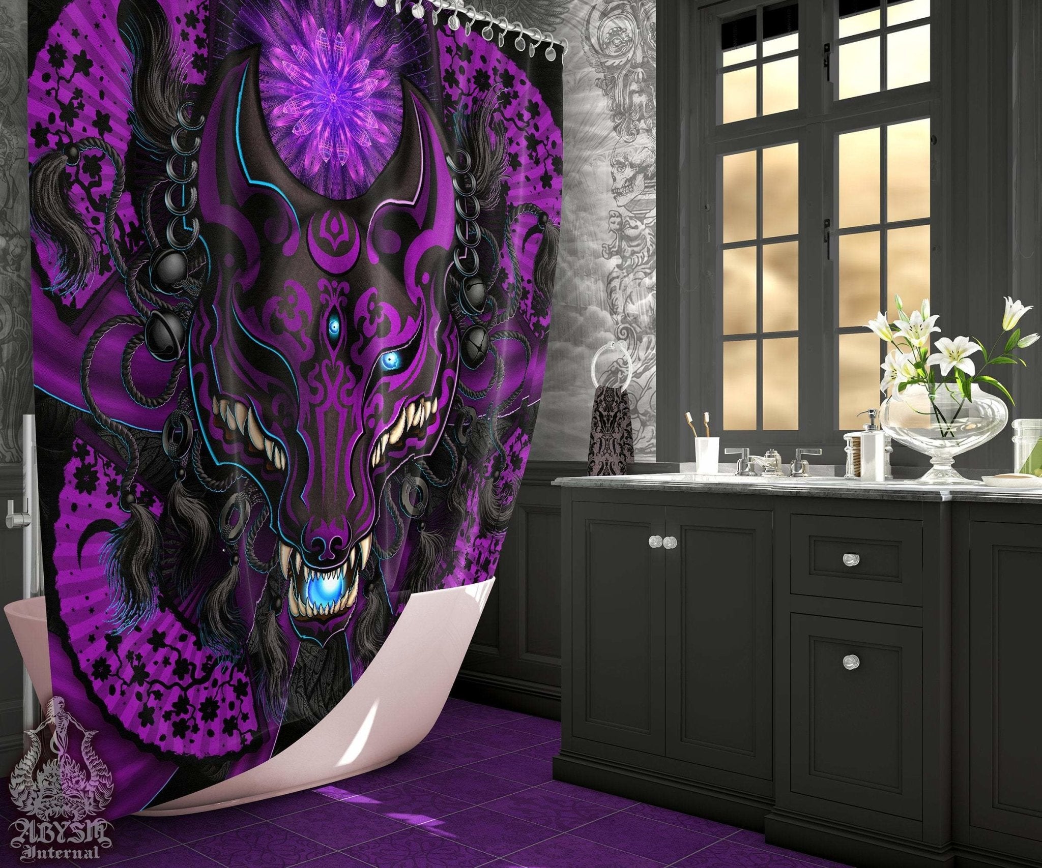 Pastel Goth Shower Curtain, Kitsune Mask, Okami, Anime, Gothic Bathroom Decor, Fox Art - Black & Purple - Abysm Internal