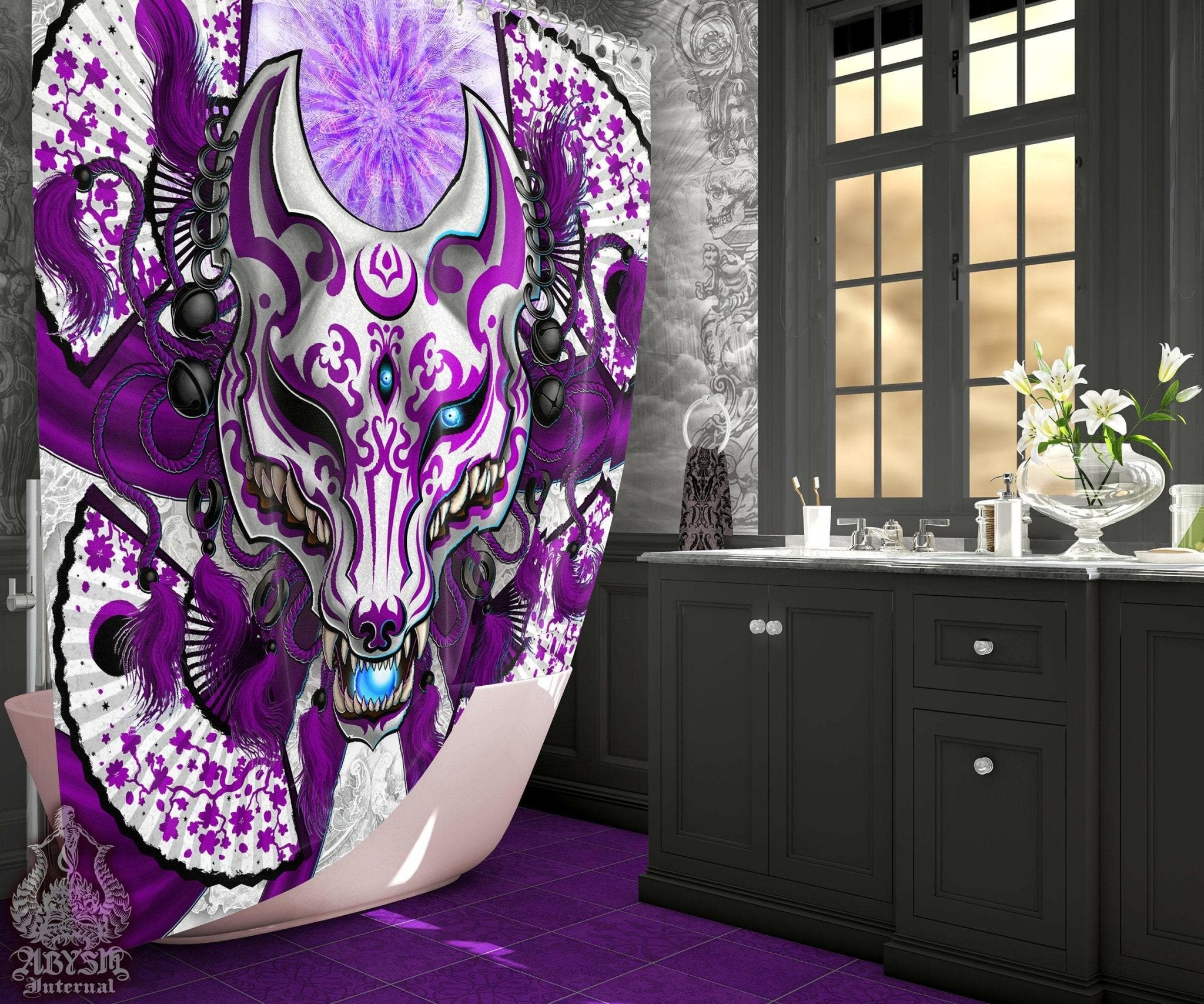 Pastel Goth Shower Curtain, Kitsune Mask, Okami, Anime, Gothic Bathroom Decor, Fox Art - White & Purple - Abysm Internal