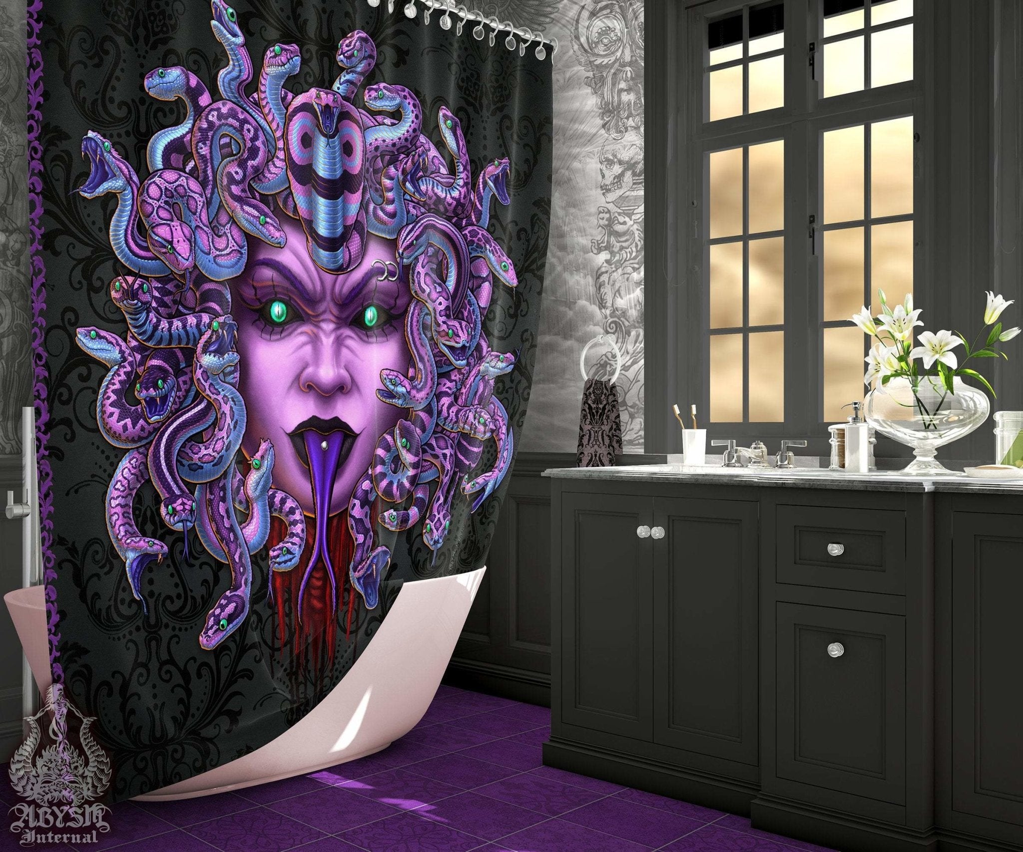 Pastel Goth Shower Curtain, Medusa, Gothic Bathroom Decor - Mocking, Purple Snakes - Abysm Internal
