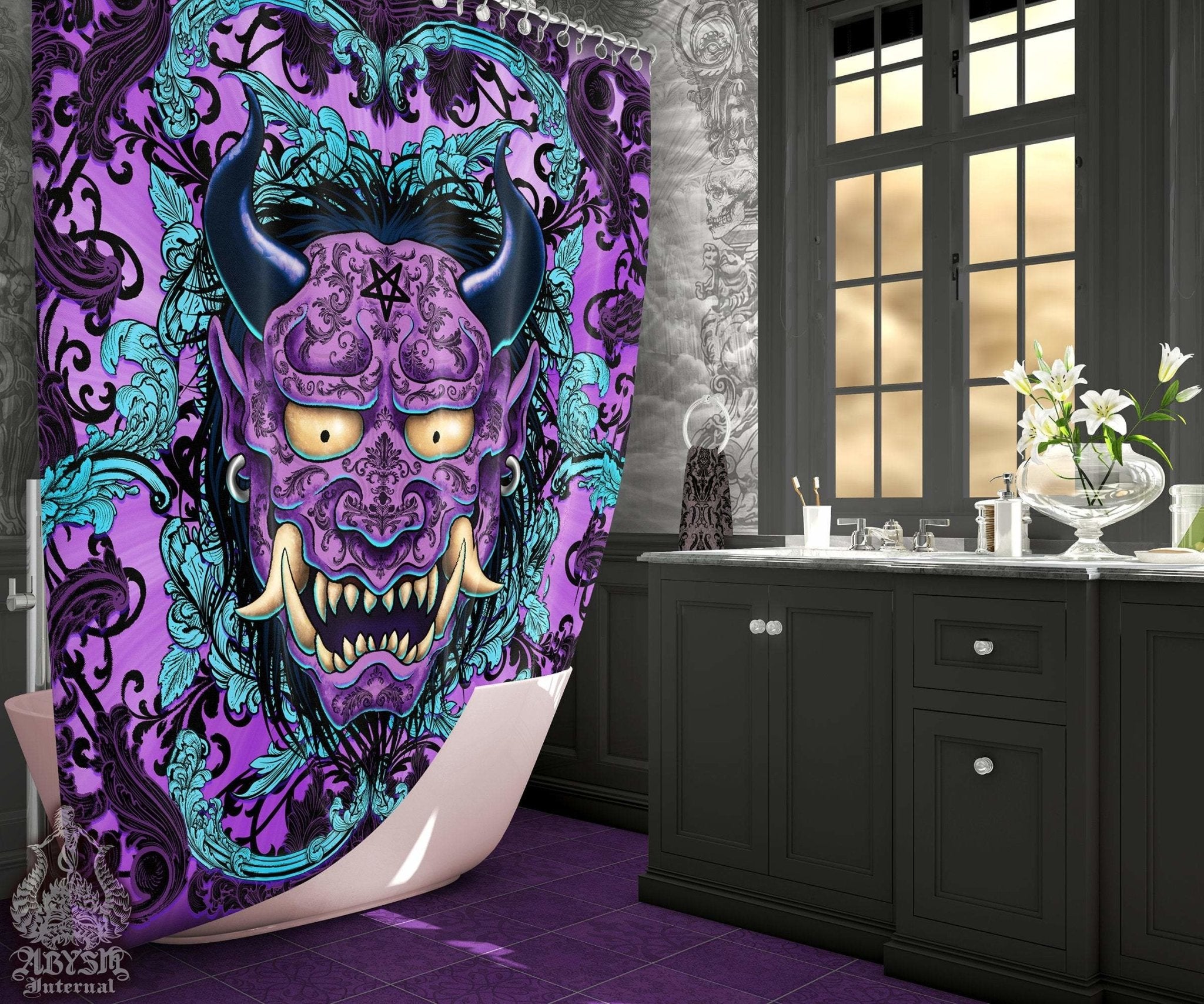 Pastel Goth Shower Curtain, Oni, Gothic Bathroom Decor, Japanese Demon - Purple & Black - Abysm Internal