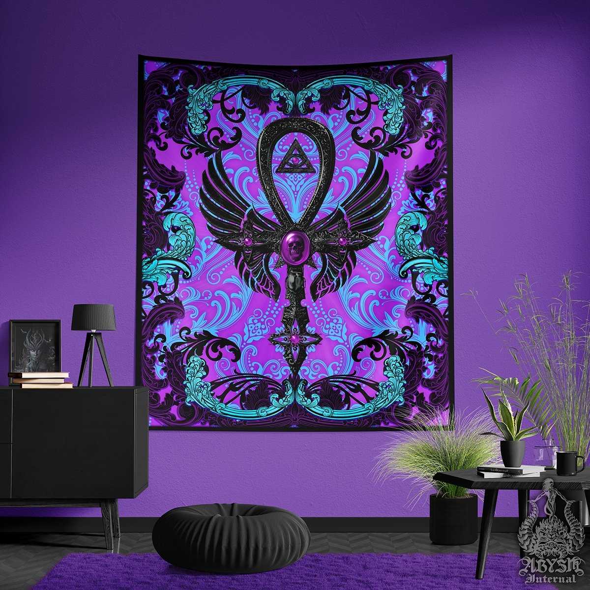 Pastel Goth Tapestry, Gothic Wall Hanging, Occult Home Decor, Art Print - Ankh Cross, Black - Abysm Internal