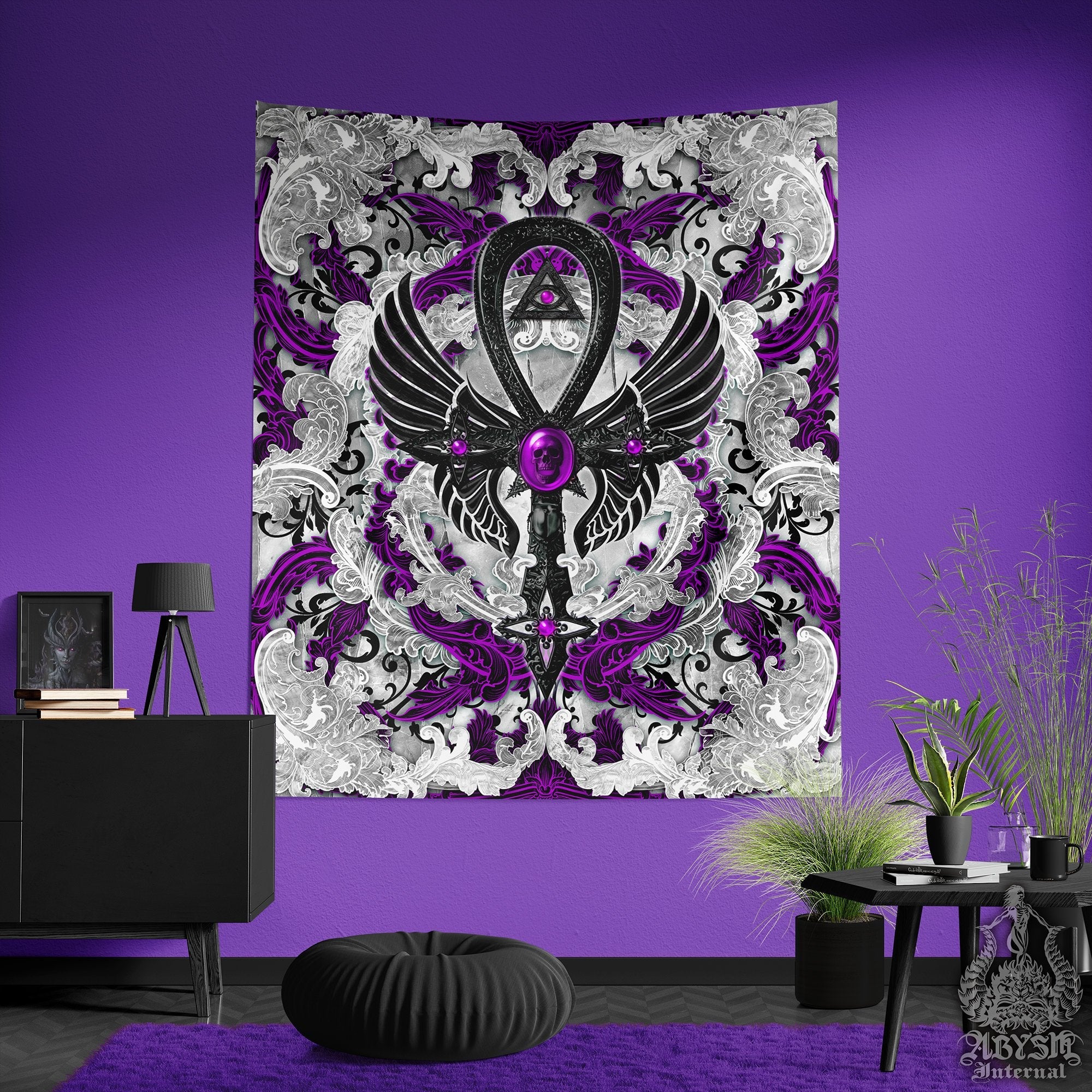 Pastel Goth Tapestry, Gothic Wall Hanging, Occult Home Decor, Art Print - Ankh Cross, White - Abysm Internal