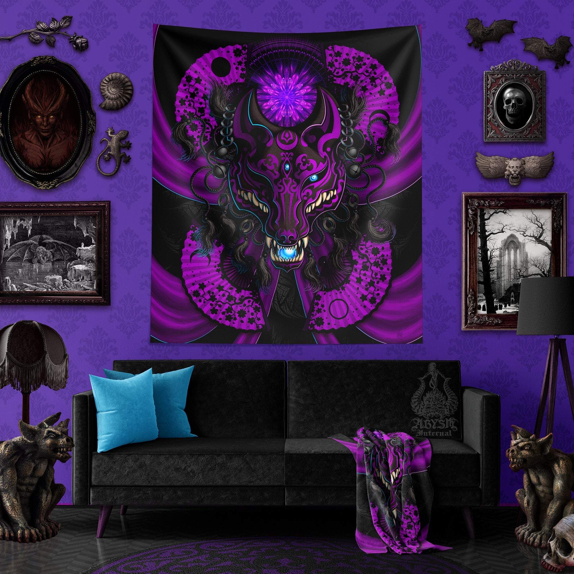 Pastel Goth Tapestry, Japanese Wall Hanging, Anime and Gamer Home Decor, Art Print, Okami, Kitsune Mask - Black & Purple Fox - Abysm Internal