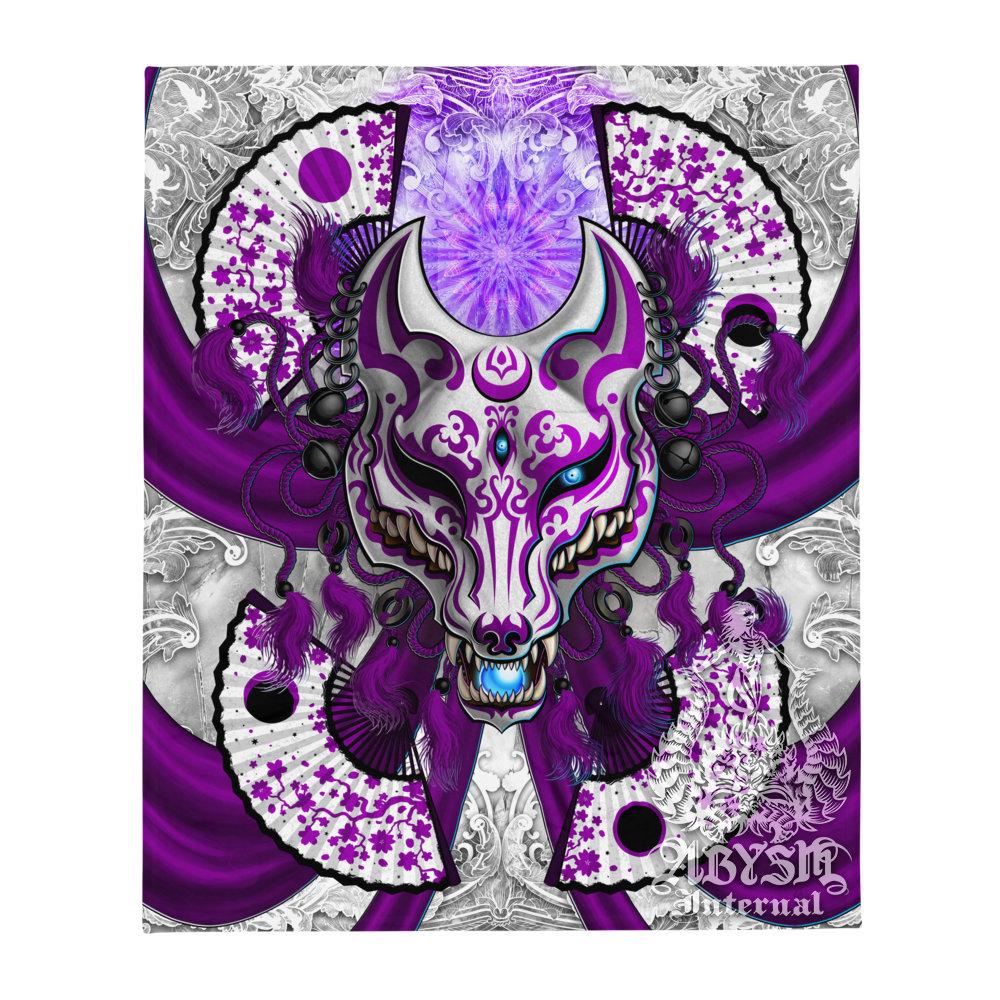 Pastel Goth Tapestry, Japanese Wall Hanging, Anime and Gamer Home Decor, Art Print, Okami, Kitsune Mask - White & Purple Fox - Abysm Internal