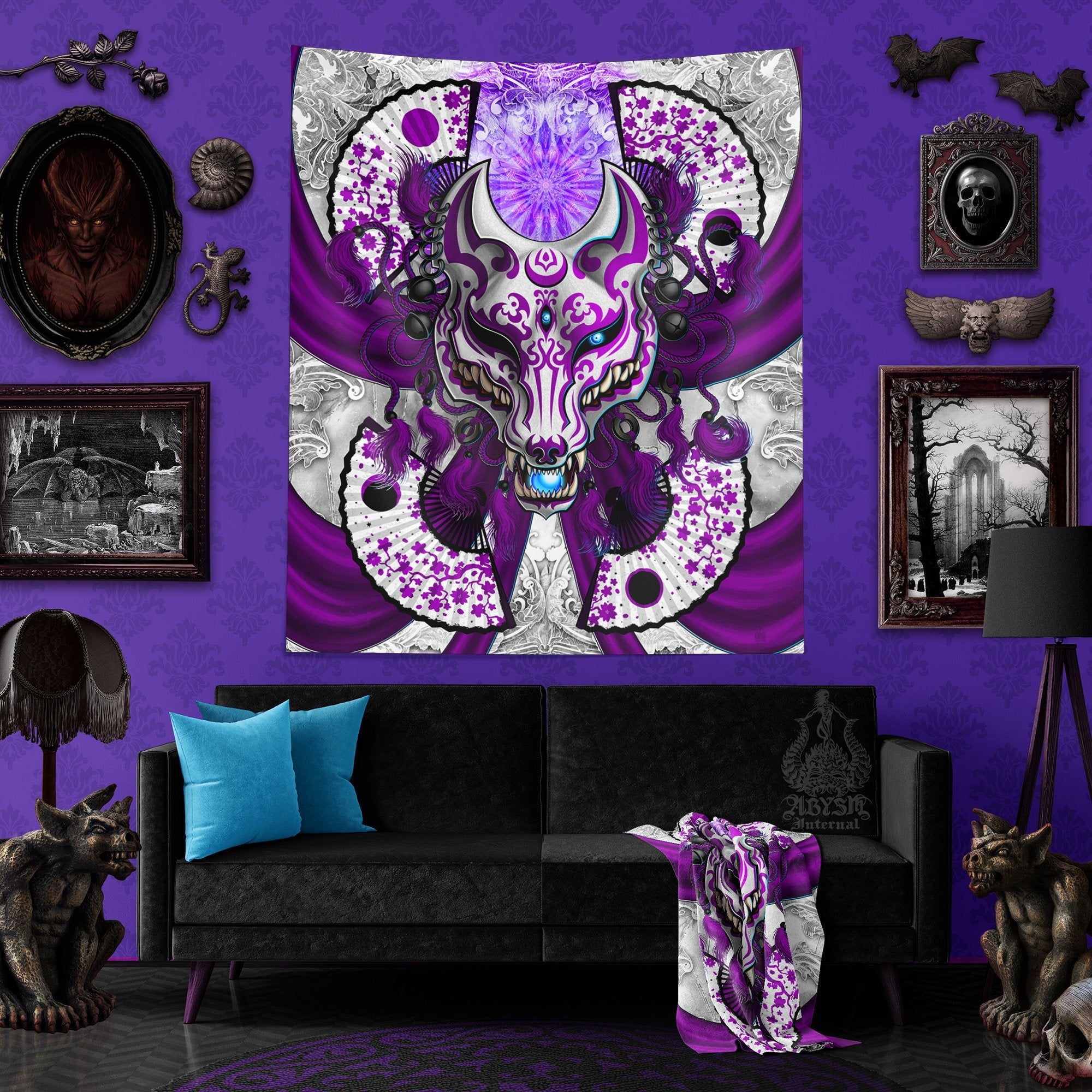 Pastel Goth Tapestry, Japanese Wall Hanging, Anime and Gamer Home Decor, Art Print, Okami, Kitsune Mask - White & Purple Fox - Abysm Internal