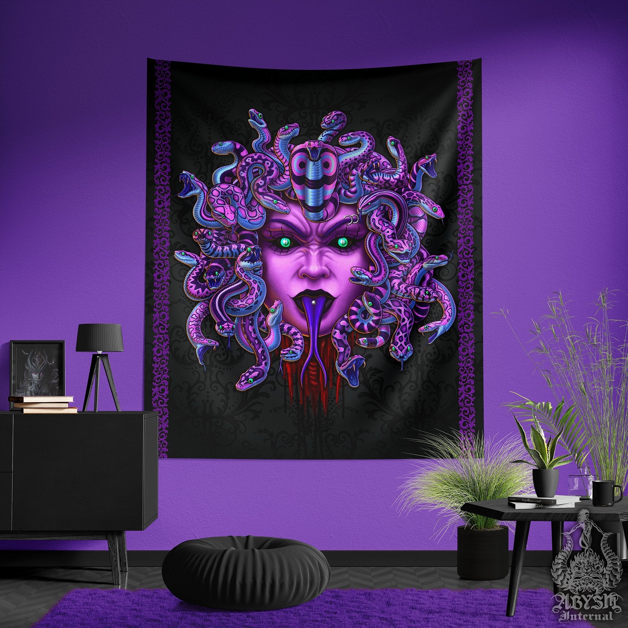 Pastel Goth Tapestry, Medusa Wall Hanging, Gothic Home Decor, Art Print - Purple & Black Snakes - Abysm Internal