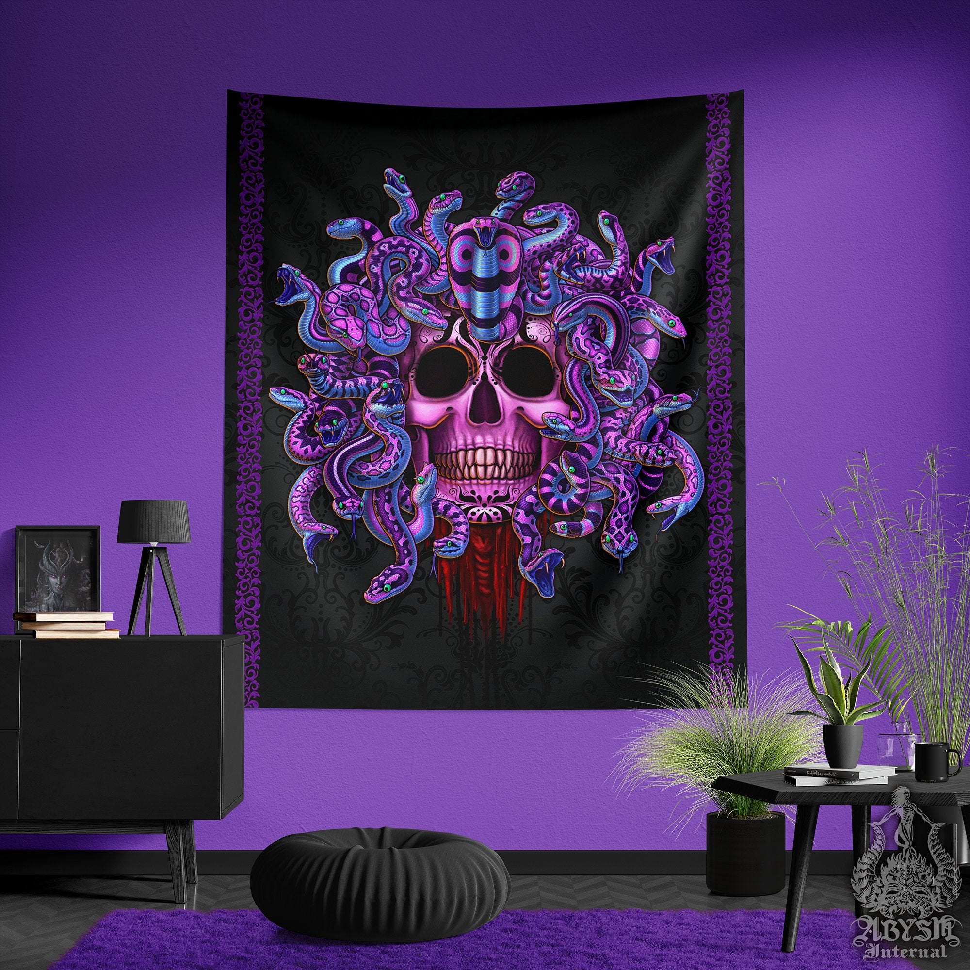 Pastel Goth Tapestry, Medusa Wall Hanging, Gothic Home Decor, Whimsigoth Vertical Art Print - Purple & Black Skull, 2 Faces - Abysm Internal