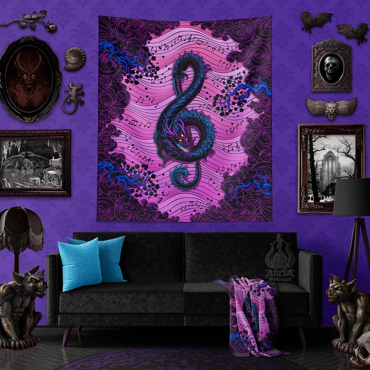 Pastel Goth Tapestry, Music Wall Hanging, Psychedelic Home Decor, Art Print - Dragon, Treble Clef - Abysm Internal