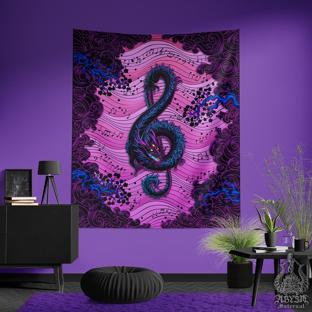 Pastel Goth Tapestry, Music Wall Hanging, Psychedelic Home Decor, Art Print - Dragon, Treble Clef - Abysm Internal