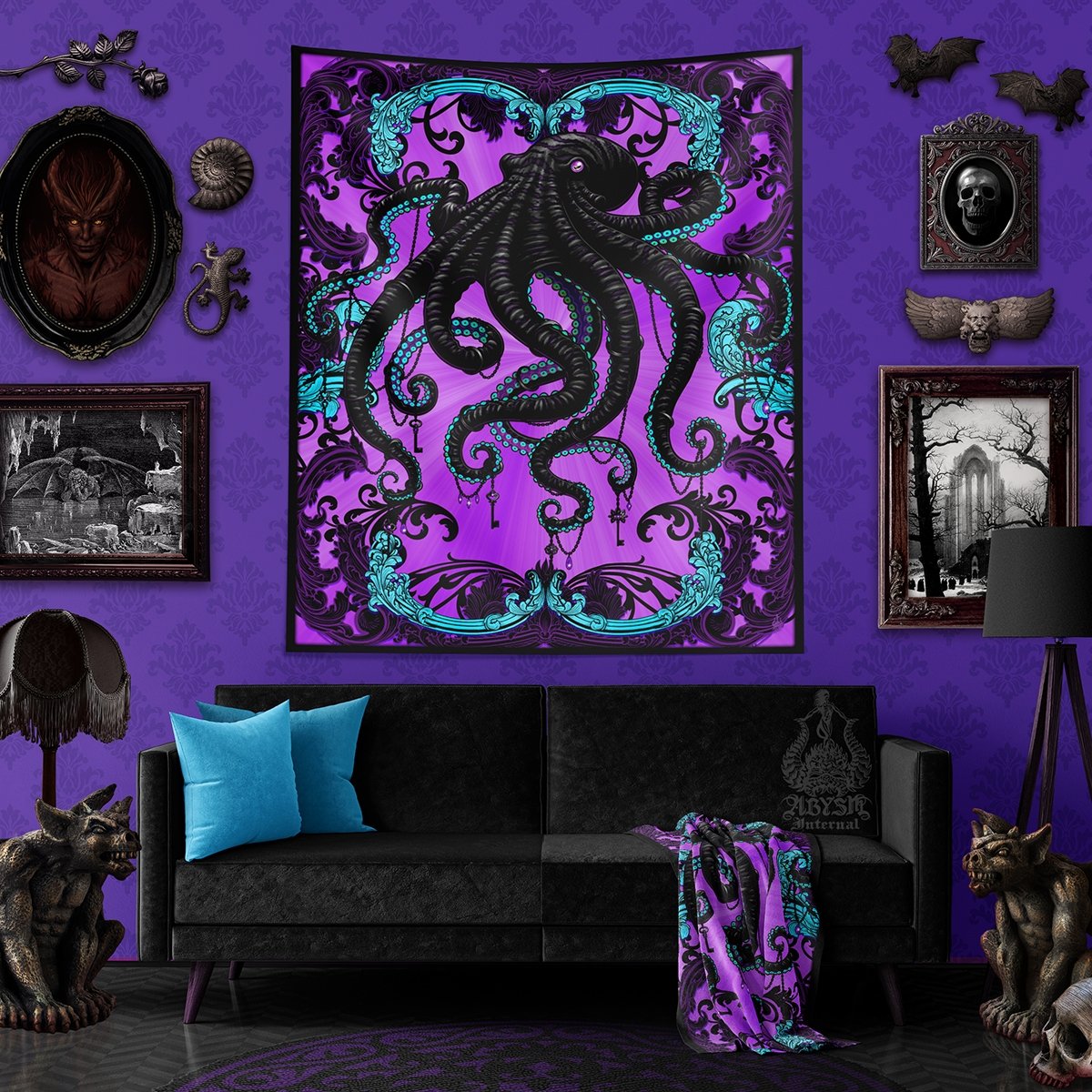 Pastel Goth Tapestry, Octopus Ocean and Beach Home Decor, Art Print - Gothic - Abysm Internal