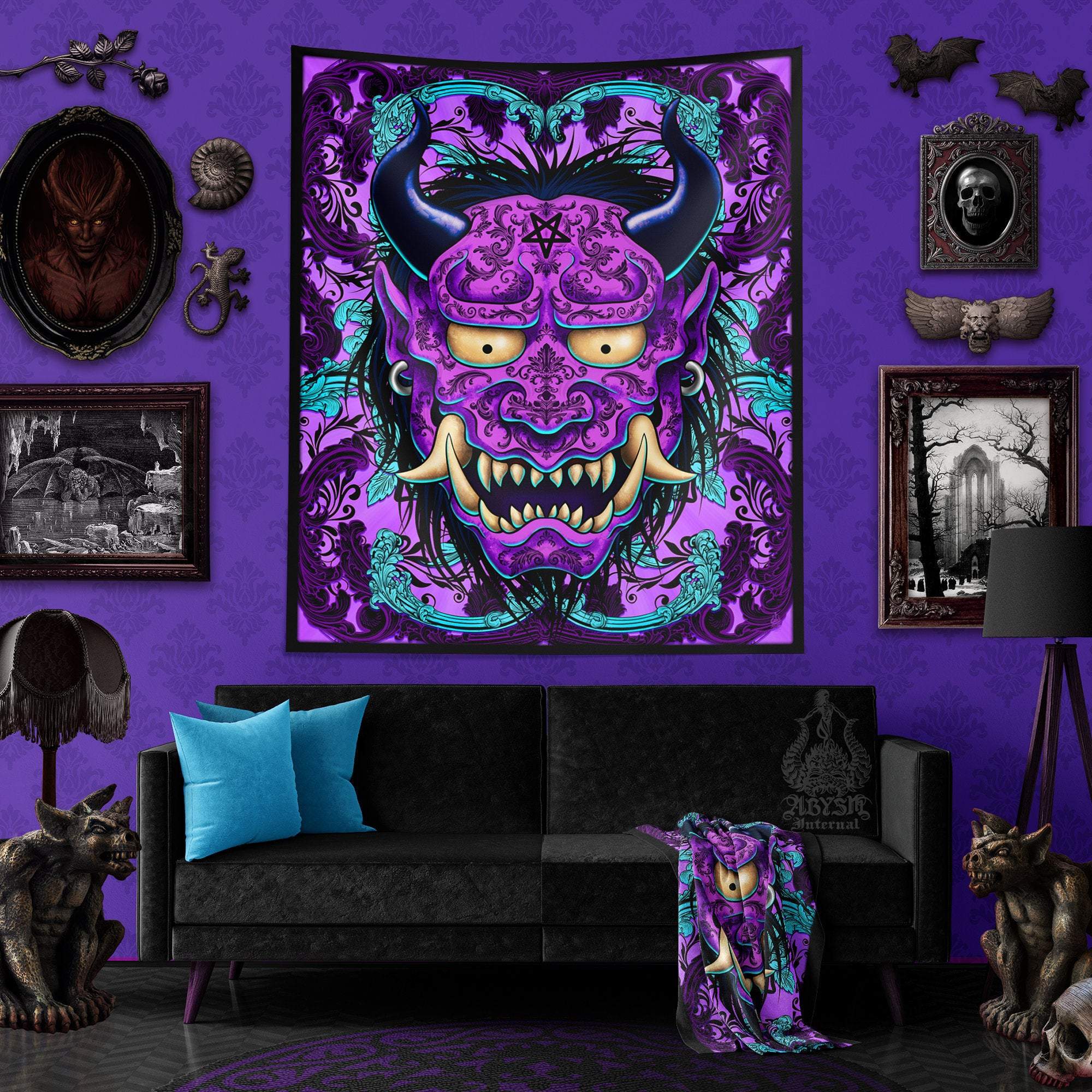 Pastel Goth Tapestry, Oni Wall Hanging, Japanese Demon, Anime and Gamer Home Home Decor, Art Print - Black & Purple - Abysm Internal