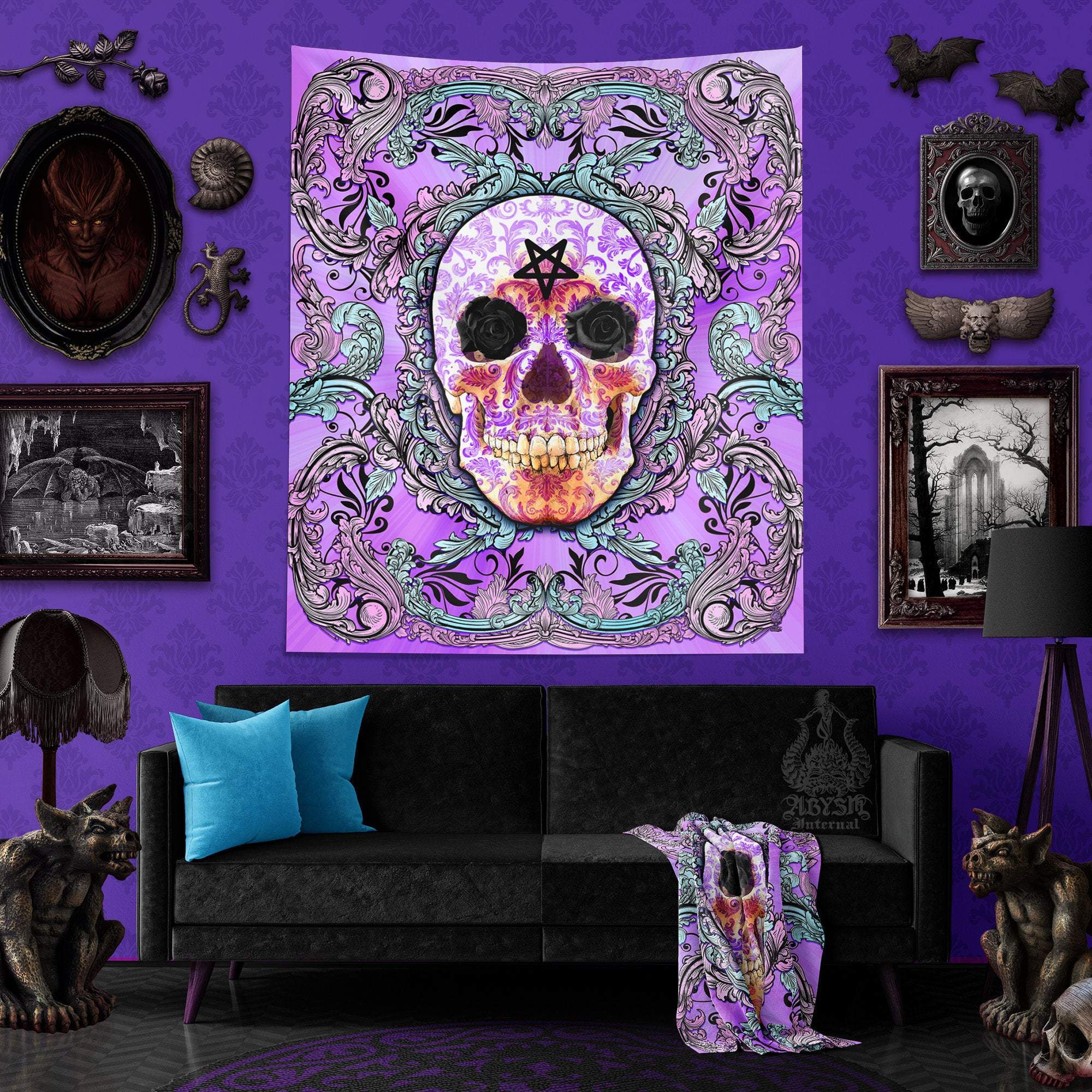Pastel Goth Tapestry, Skull Wall Hanging, Macabre Home Decor, Art Print - Black Roses - Abysm Internal