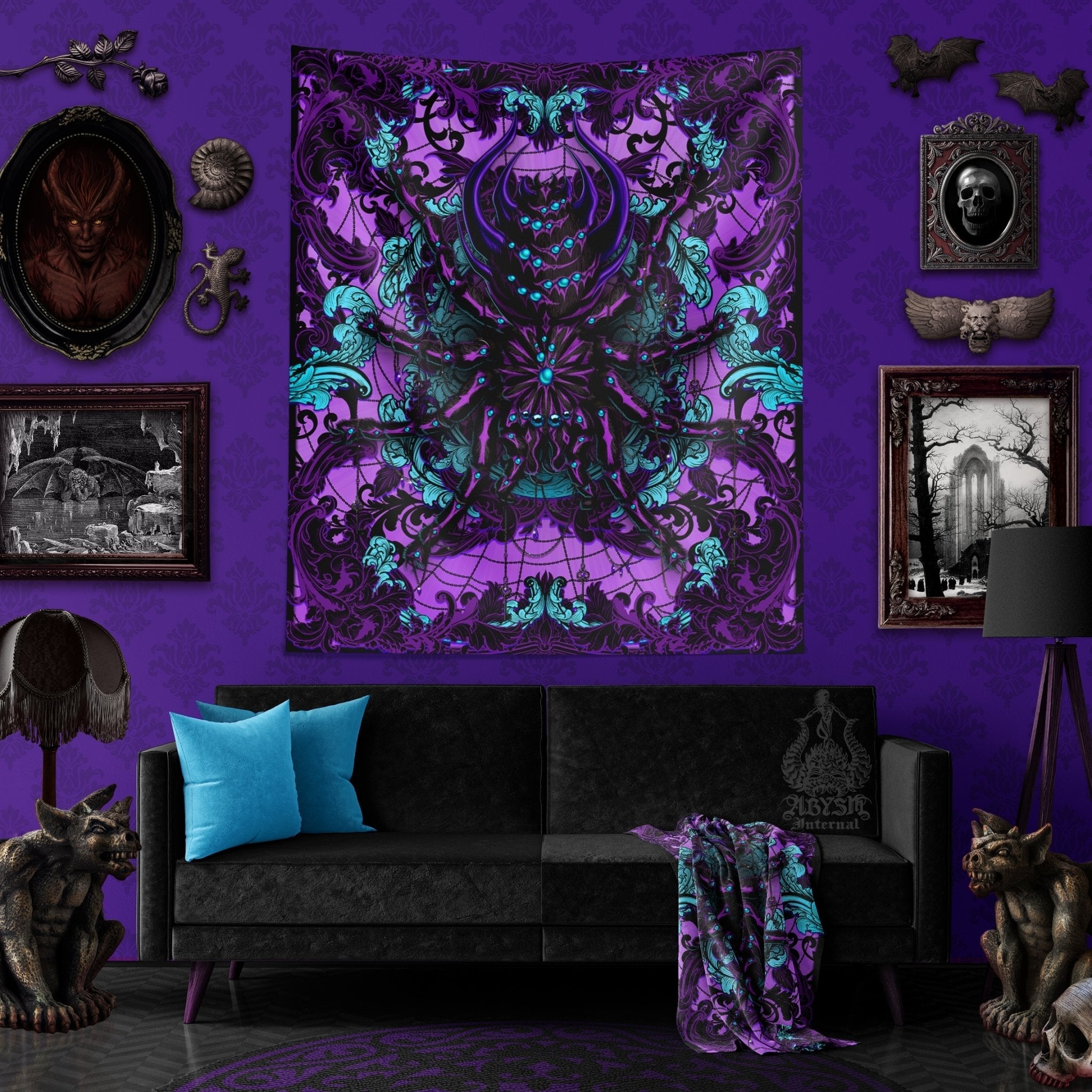 Pastel Goth Tapestry, Spider Wall Hanging, Gothic Home Decor, Tarantula Art Print - Black and Purple - Abysm Internal