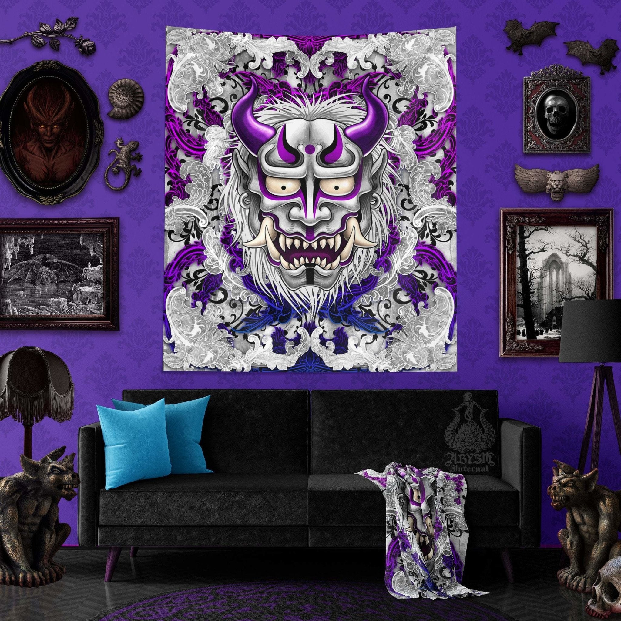 Pastel Goth Tapestry, Trippy Wall Hanging, Japanese Demon, Anime and Gamer Home Decor, Art Print - Purple & White Oni - Abysm Internal