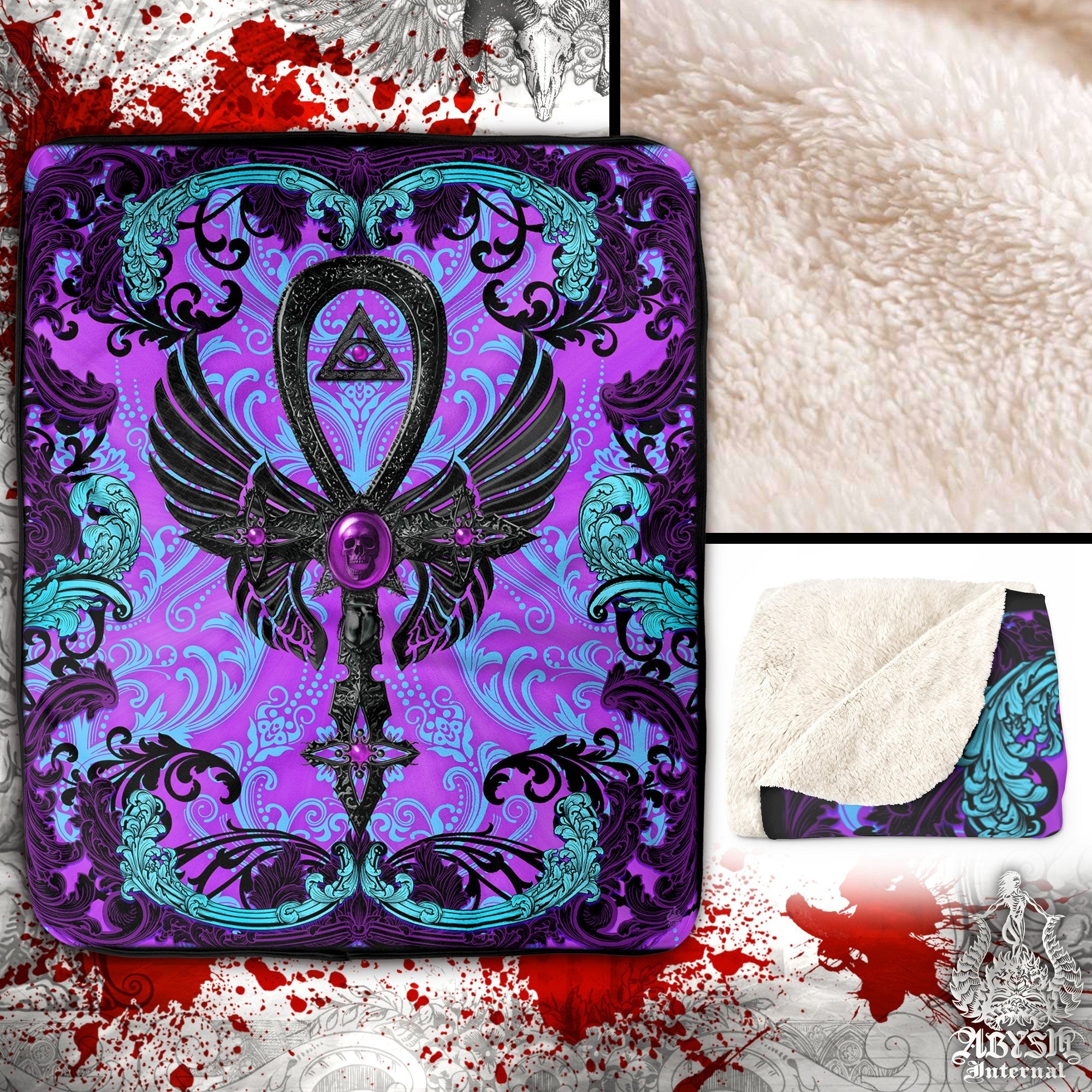 Pastel Goth Throw Fleece Blanket, Gothic Home Decor, Alternative Art Gift - Ankh Cross, Black - Abysm Internal