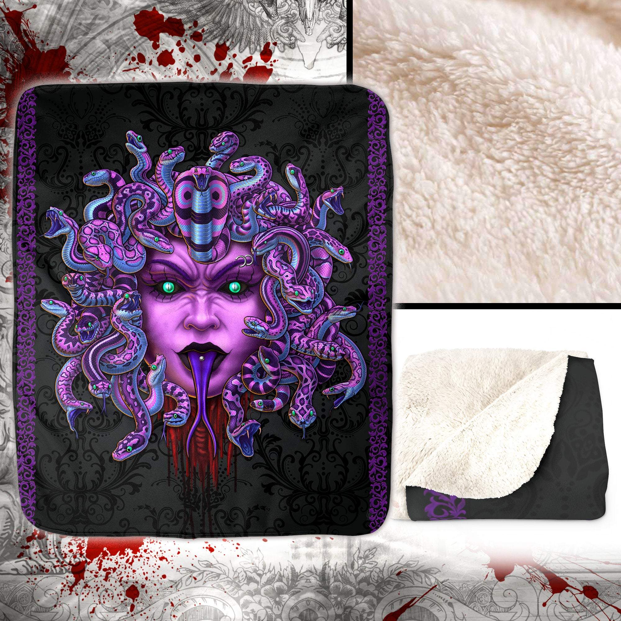 Pastel Goth Throw Fleece Blanket, Gothic Home Decor, Alternative Art Gift - Mocking Medusa, Purple Snakes - Abysm Internal