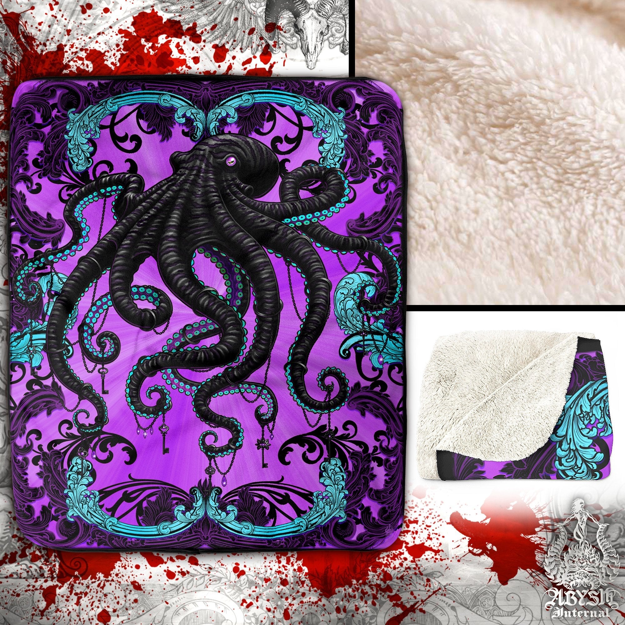 Pastel Goth Throw Fleece Blanket, Gothic Home Decor, Alternative Art Gift - Purple, Black Octopus - Abysm Internal