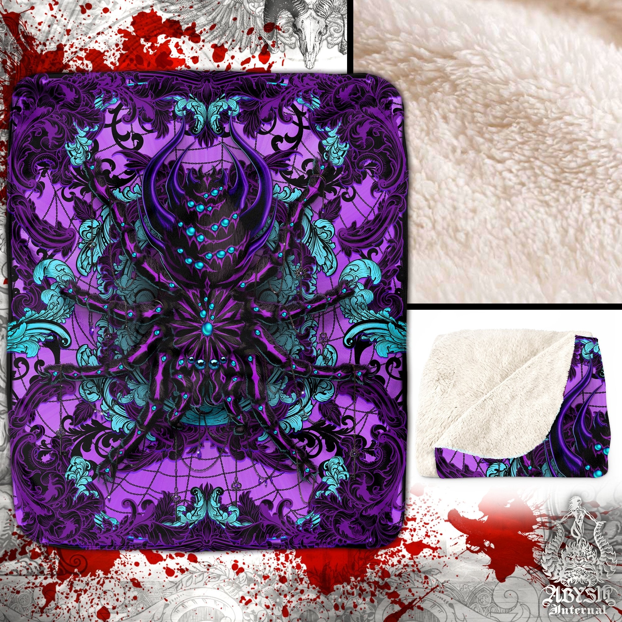 Pastel Goth Throw Fleece Blanket, Gothic Home Decor, Halloween Gift, Alternative Art Gift - Spider, Black and Purple, Tarantula Art - Abysm Internal