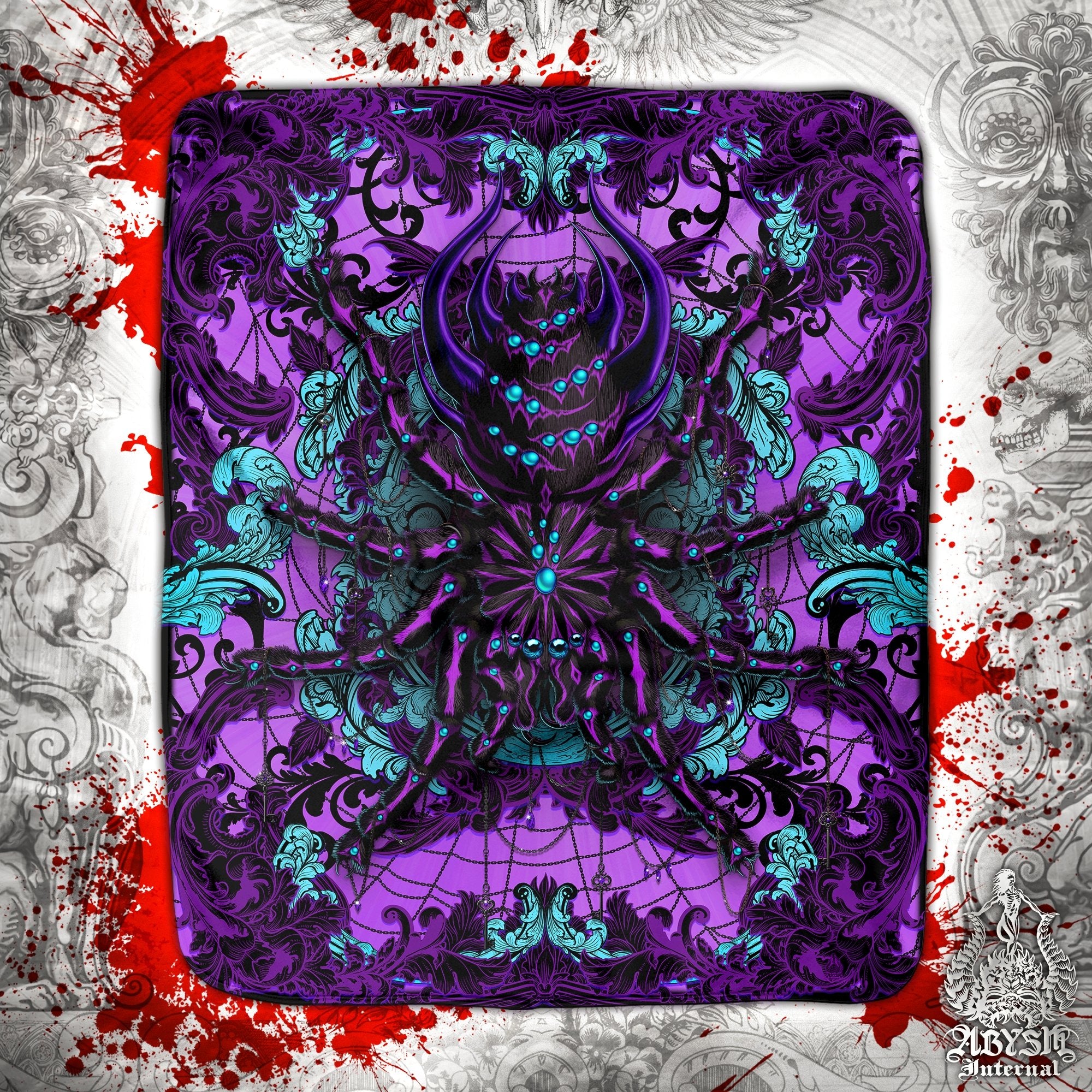 Pastel Goth Throw Fleece Blanket, Gothic Home Decor, Halloween Gift, Alternative Art Gift - Spider, Black and Purple, Tarantula Art - Abysm Internal