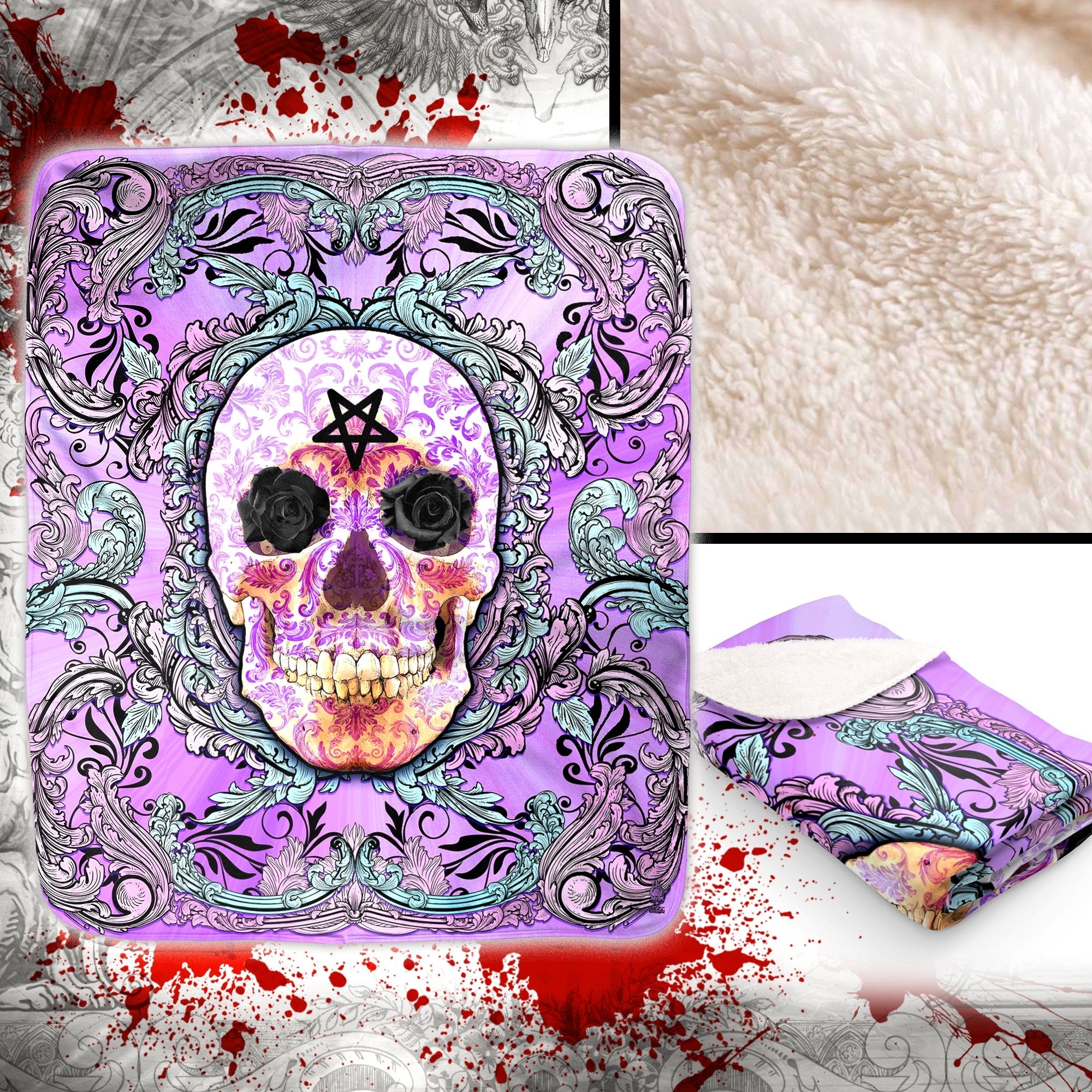 Pastel Goth Throw Fleece Blanket, Macabre Art, Alternative Home Decor, Alternative Art Gift - Purple Skull - Abysm Internal