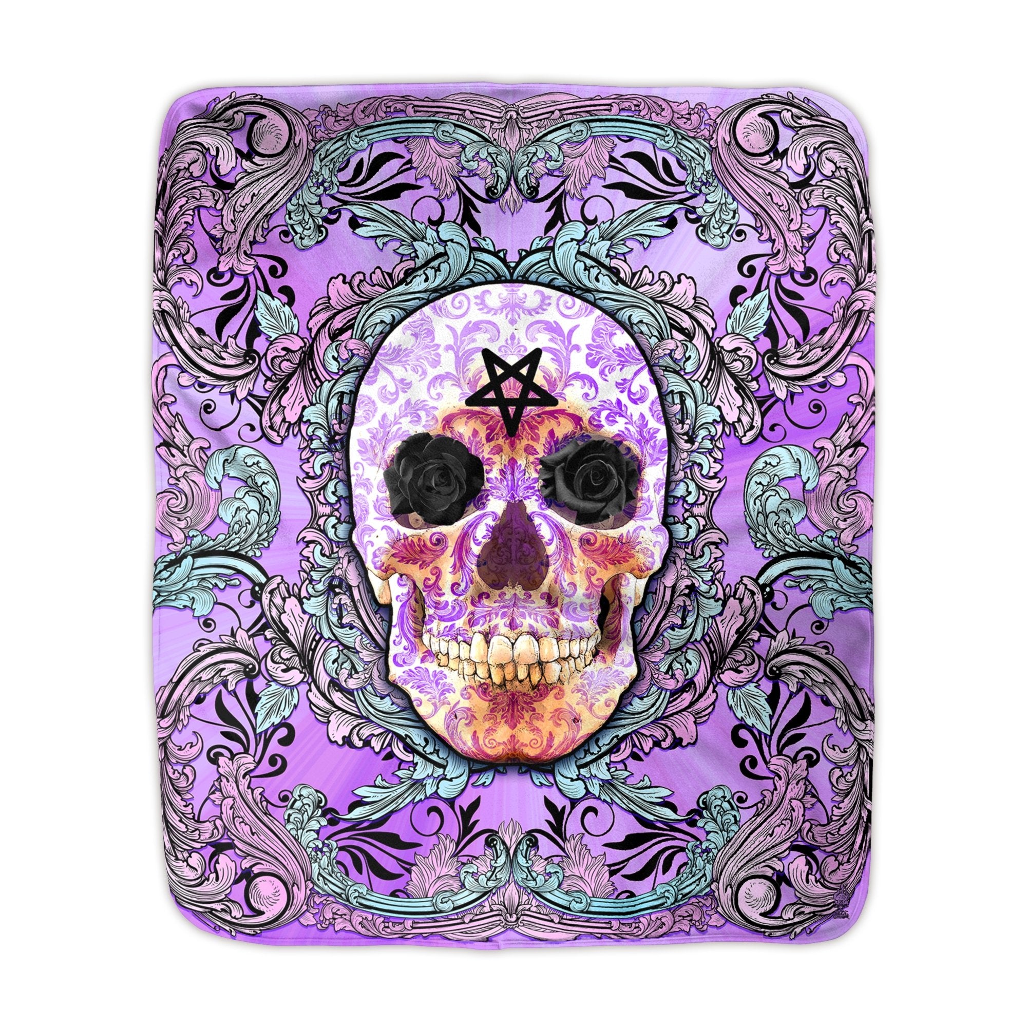 Pastel Goth Throw Fleece Blanket, Macabre Art, Alternative Home Decor, Alternative Art Gift - Purple Skull - Abysm Internal