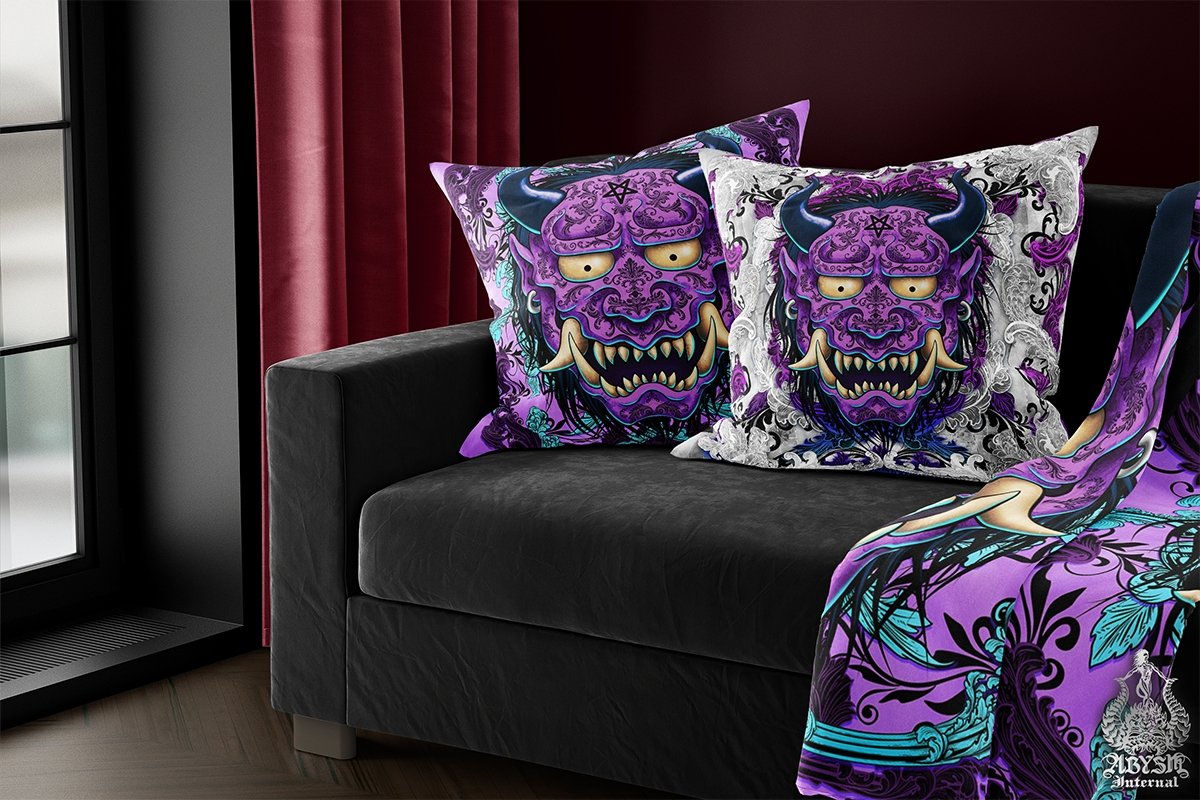 Pastel Goth Throw Pillow, Decorative Accent Cushion, Anime and Gamer Room Decor, Japanese Hannya or Demon, Alternative Home - Black & Purple Oni - Abysm Internal