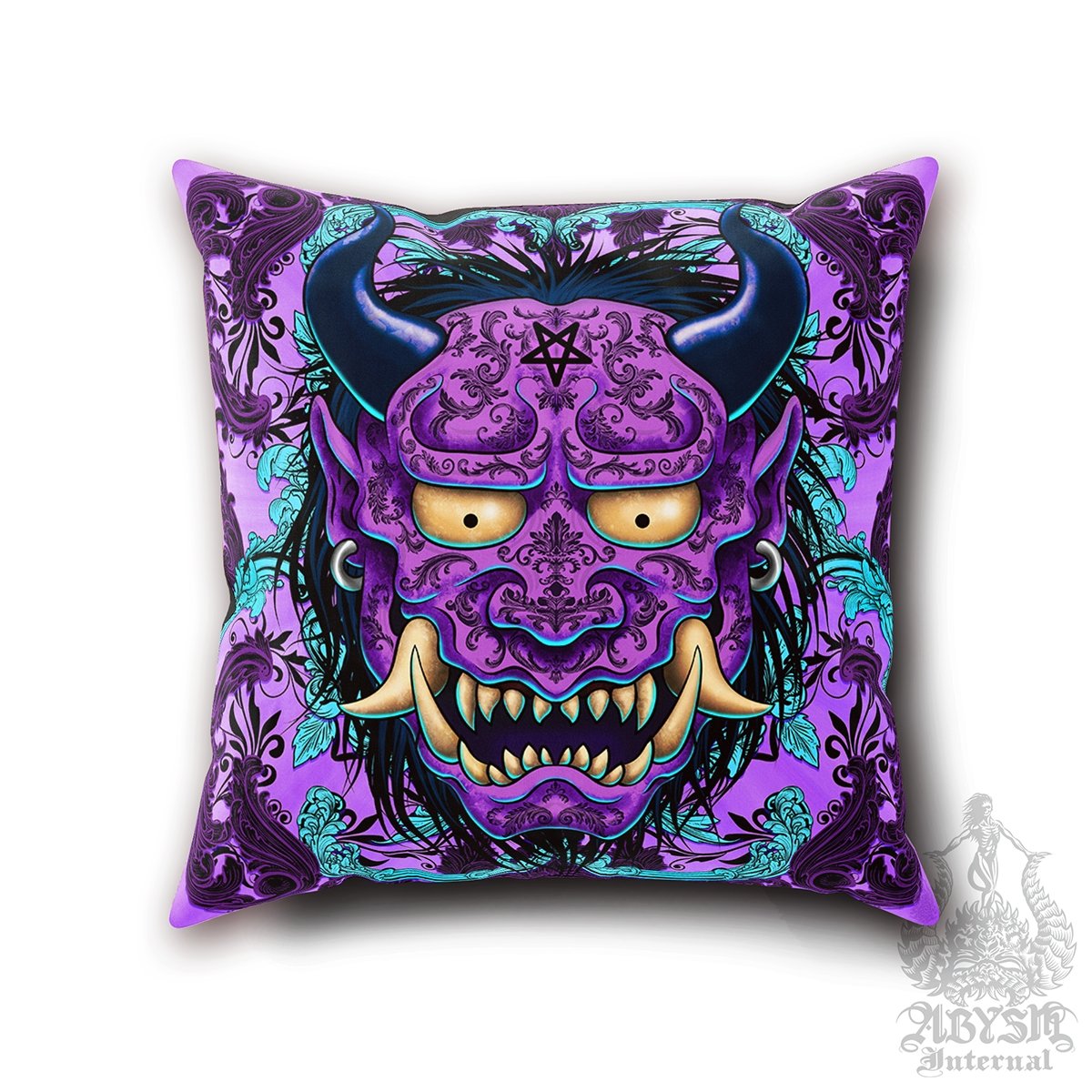 Pastel Goth Throw Pillow, Decorative Accent Cushion, Anime and Gamer Room Decor, Japanese Hannya or Demon, Alternative Home - Black & Purple Oni - Abysm Internal