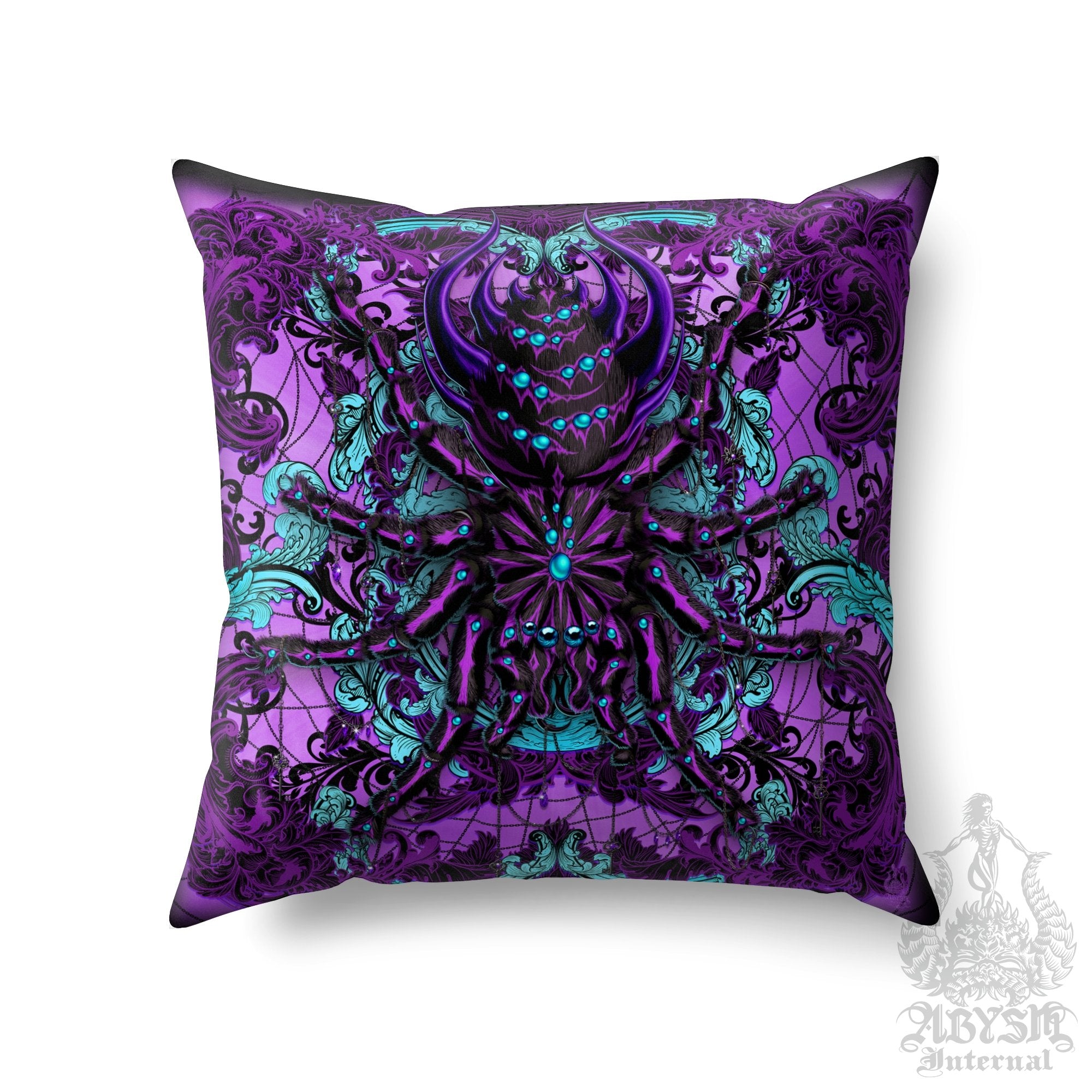 Pastel Goth Throw Pillow, Decorative Accent Cushion, Gothic Room Decor, Alternative Home - Tarantula, Spider, Black and Purple - Abysm Internal