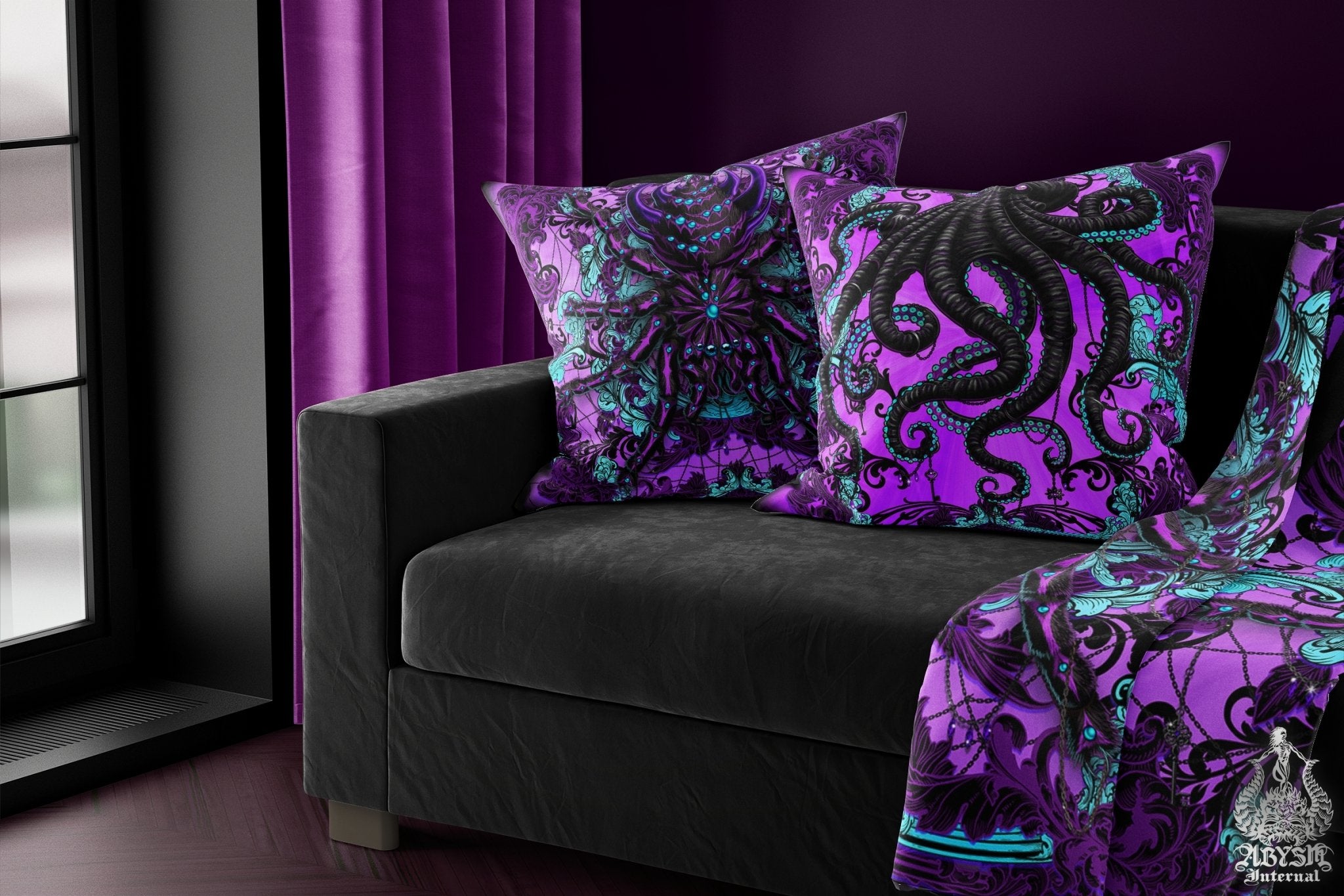 Pastel Goth Throw Pillow, Decorative Accent Cushion, Gothic Room Decor, Alternative Home - Tarantula, Spider, Black and Purple - Abysm Internal