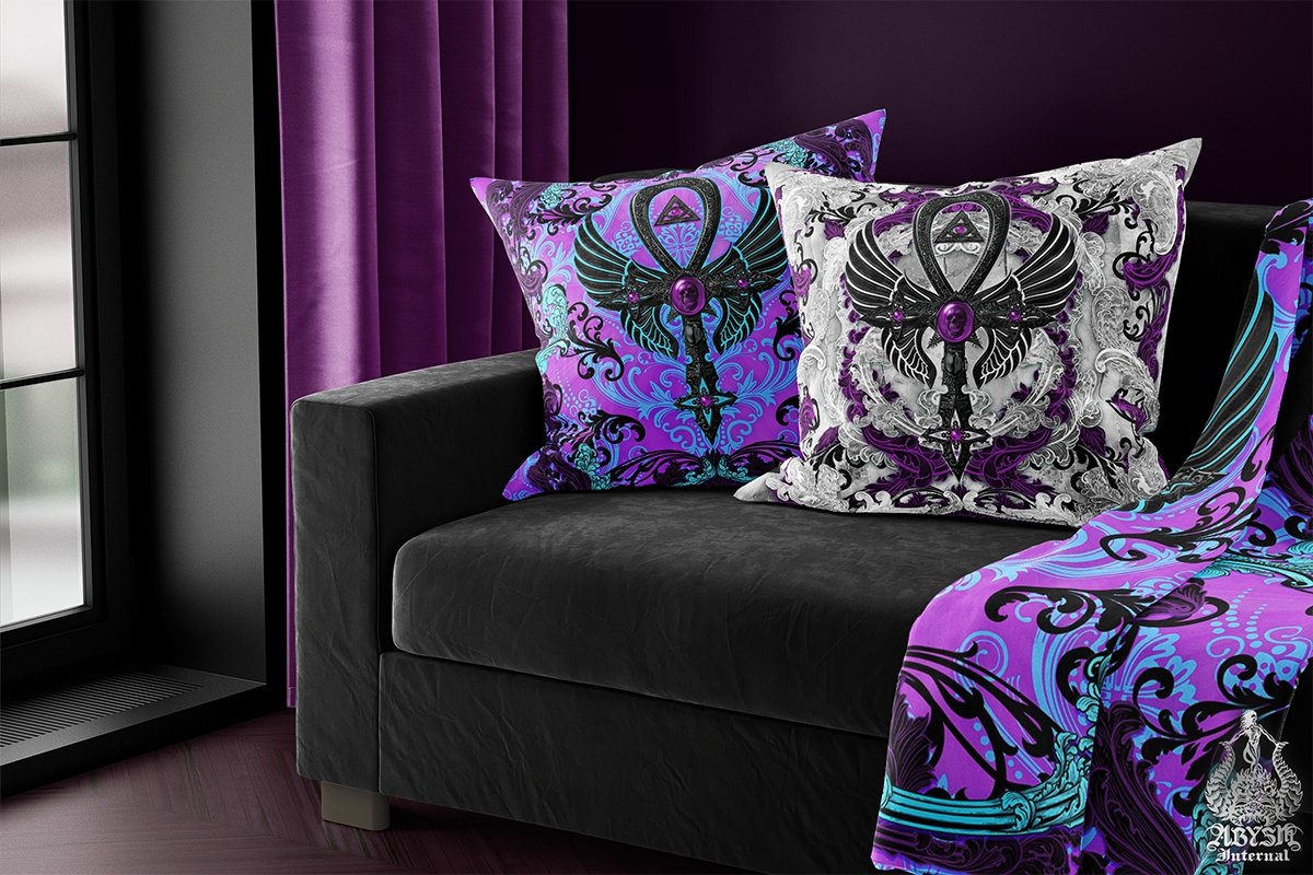 Pastel Goth Throw Pillow, Decorative Accent Cushion,, Gothic Room Decor, Dark Art, Alternative Home - Black Ankh Cross - Abysm Internal