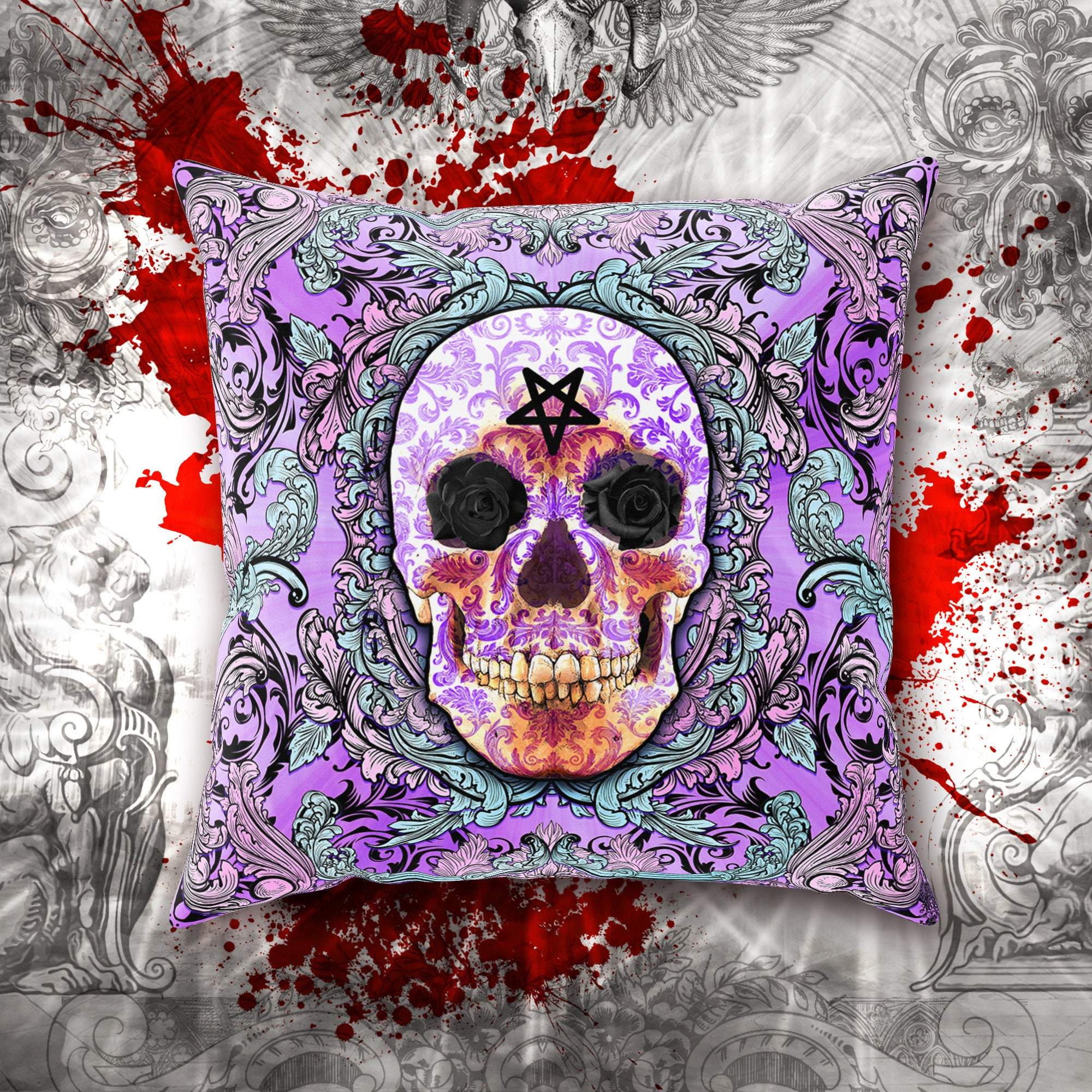 Pastel Goth Throw Pillow, Decorative Accent Cushion, Gothic Room Decor, Macabre Art, Alternative Home - Purple Skull - Abysm Internal
