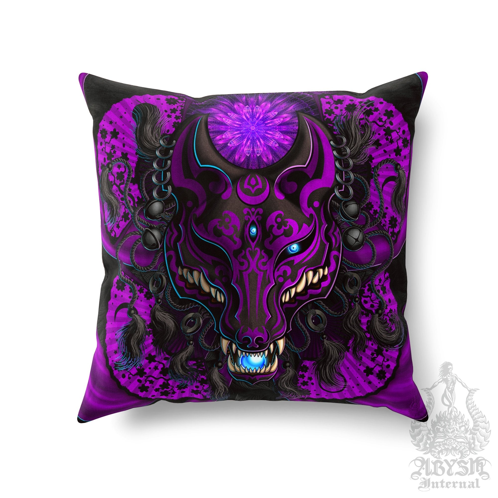 Pastel Goth Throw Pillow, Decorative Accent Cushion, Japanese Kitsune Mask, Anime and Gamer Room Decor, Okami, Alternative Home - Black & Purple - Abysm Internal