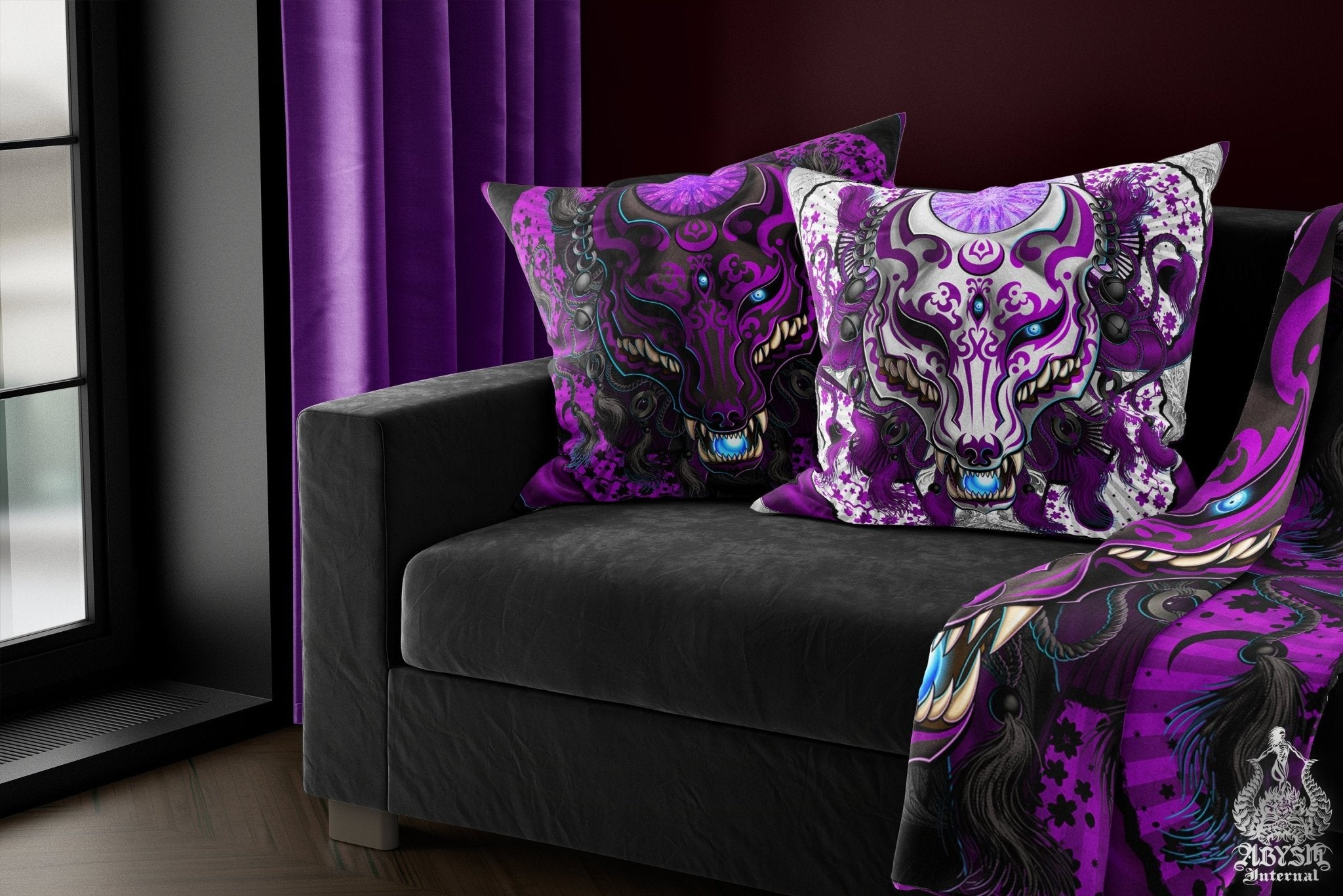 Pastel Goth Throw Pillow, Decorative Accent Cushion, Japanese Kitsune Mask, Anime and Gamer Room Decor, Okami, Alternative Home - Black & Purple - Abysm Internal