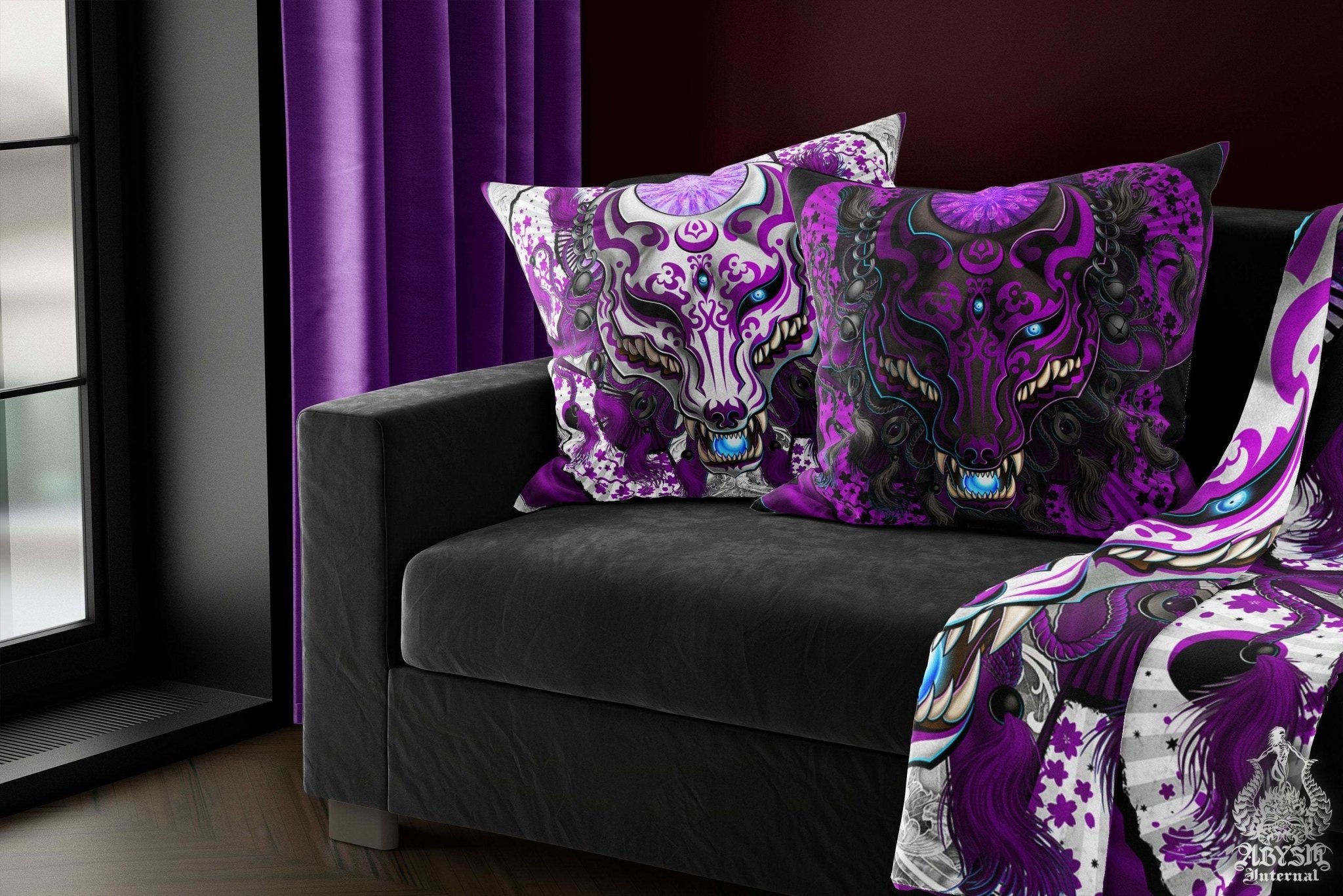 Pastel Goth Throw Pillow, Decorative Accent Cushion, Japanese Kitsune Mask, Anime and Gamer Room Decor, Okami, Alternative Home - White & Purple - Abysm Internal