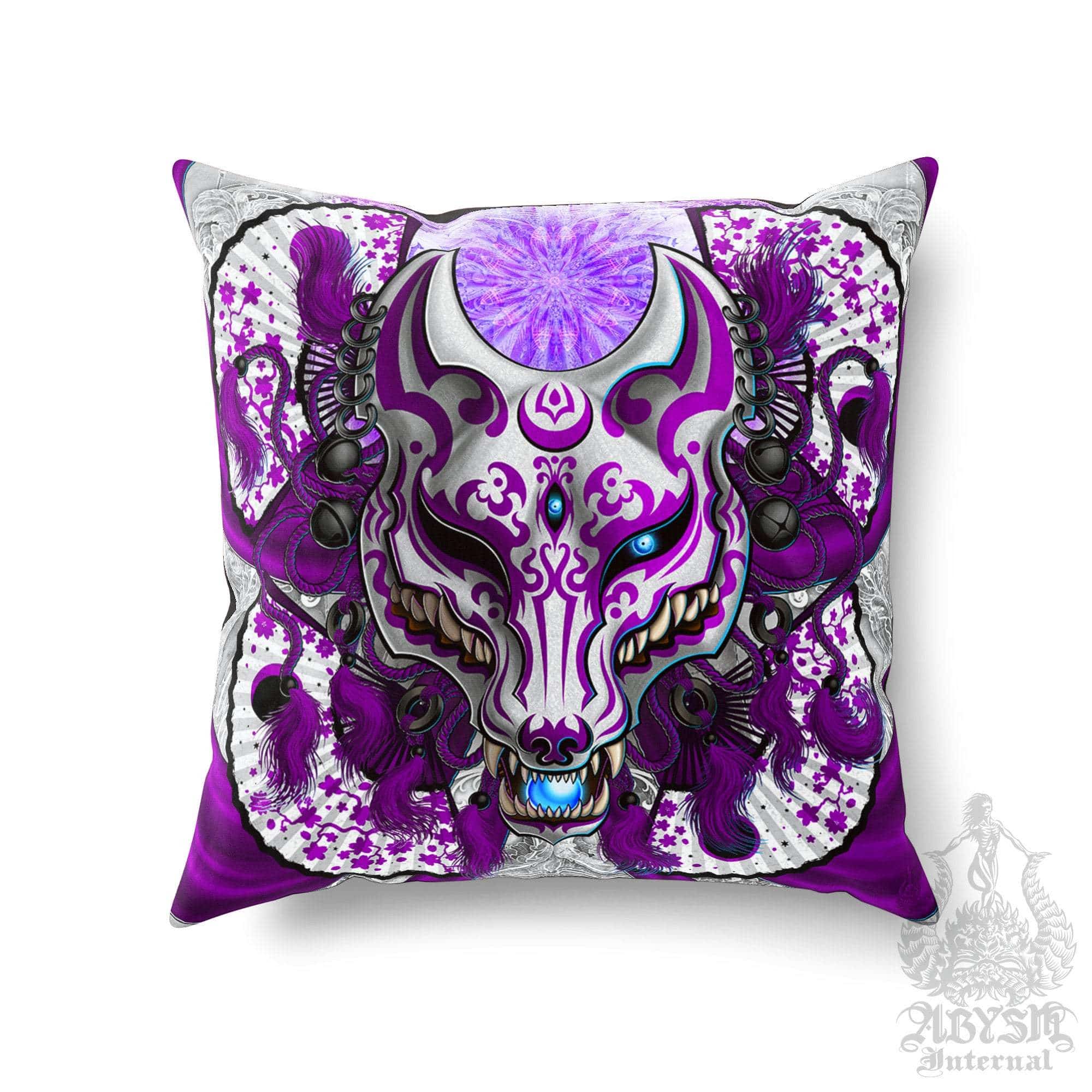 Pastel Goth Throw Pillow, Decorative Accent Cushion, Japanese Kitsune Mask, Anime and Gamer Room Decor, Okami, Alternative Home - White & Purple - Abysm Internal