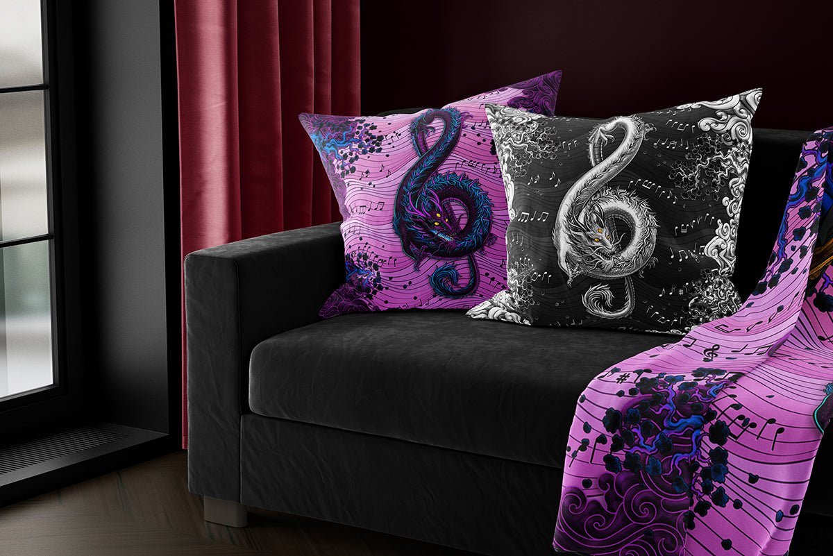 Pastel Goth Throw Pillow, Decorative Accent Cushion, Music Room Decor, Music Art, Alternative Home - Treble Clef, Gothic Dragon - Abysm Internal
